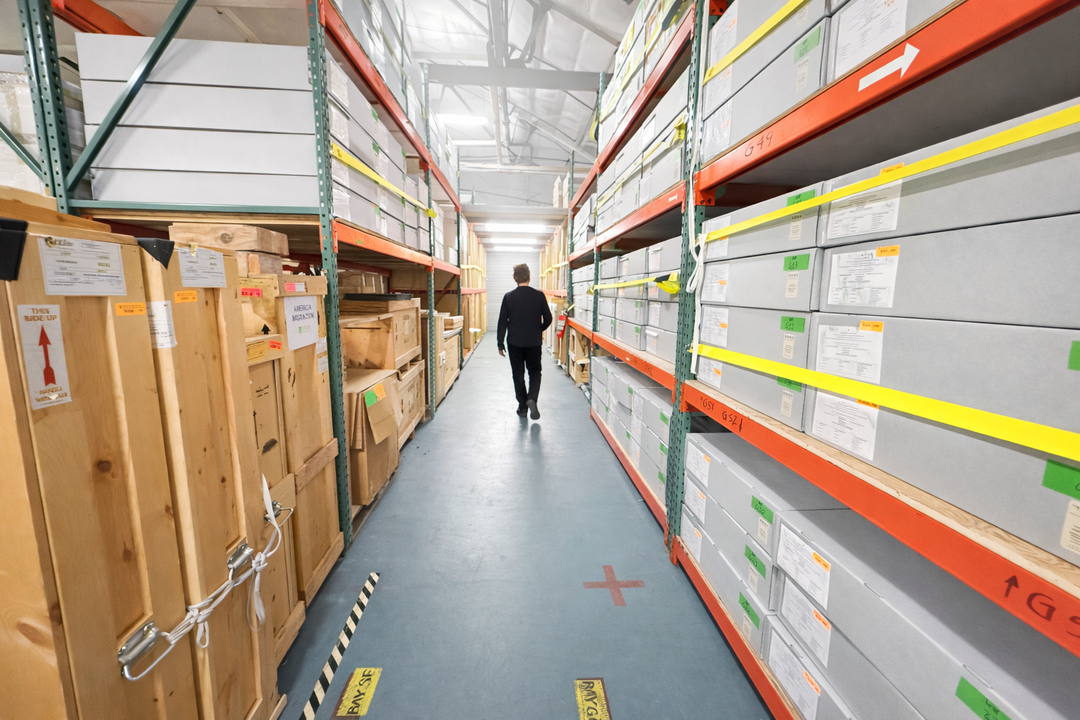 Custom-built storage racks holding artwork in Atthowe's climate-controlled Oakland warehouse.