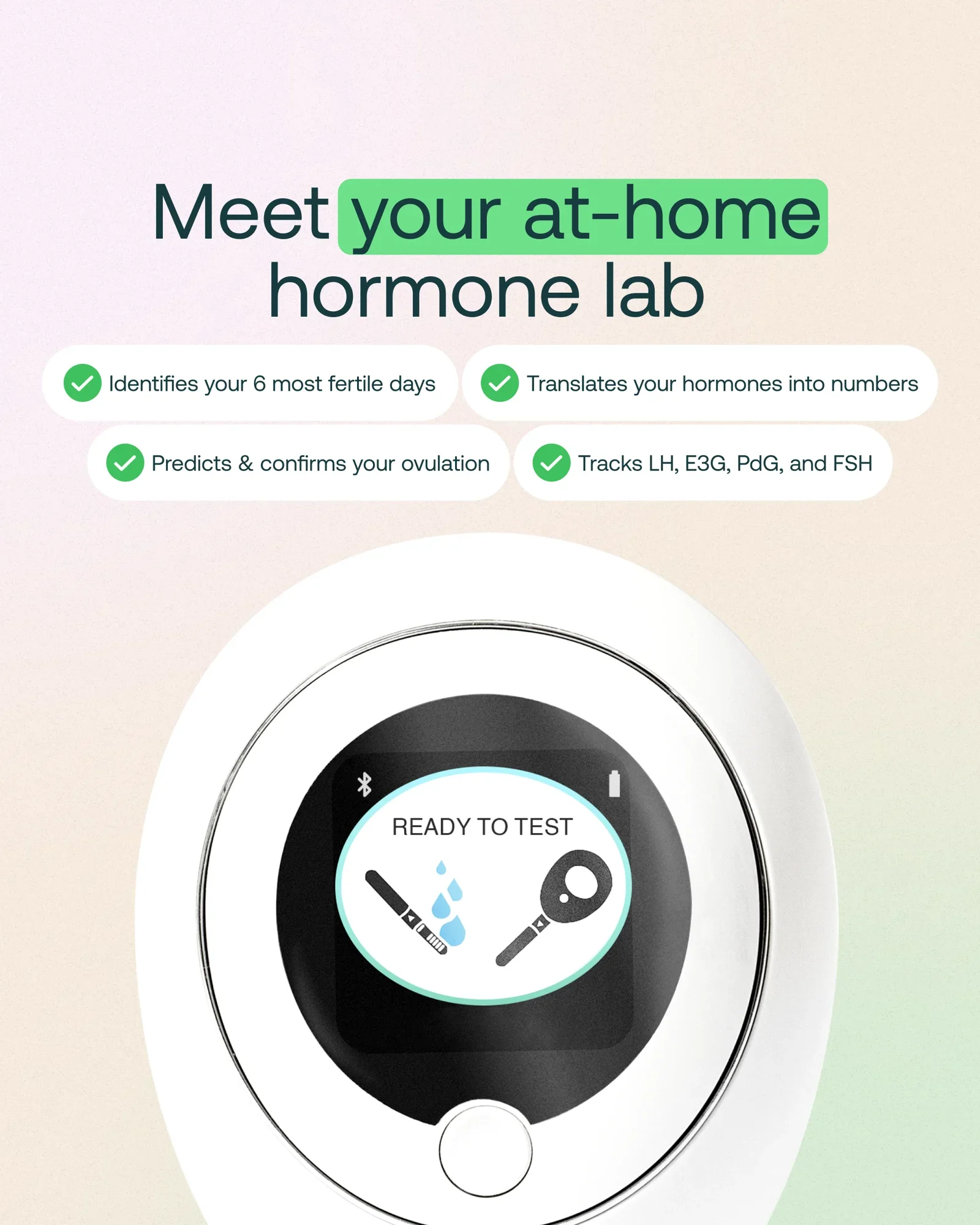 An at-home hormone testing device with a circular screen displaying the message "Ready to Test" and icons for a thermometer and a swab. The background has promotional text about hormone testing.