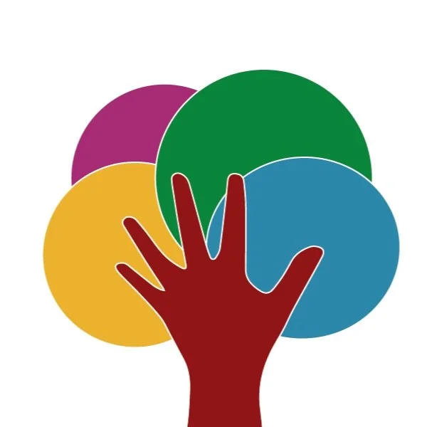 Illustration of a hand with five fingers reaching toward five overlapping colored circles in purple, green, blue, yellow, and purple.
