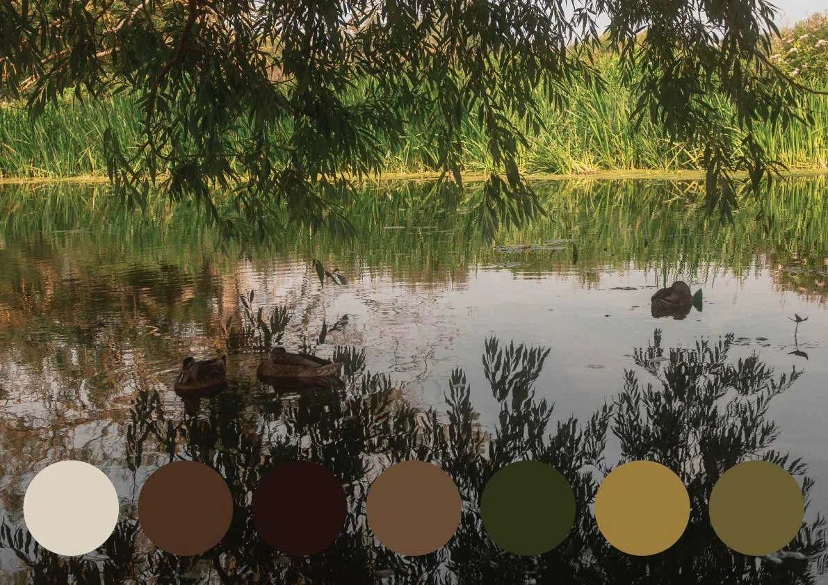 A colour palette inspired by the English countryside, featuring soft greens, yellow ochre, and earthy browns taken from a riverbank.