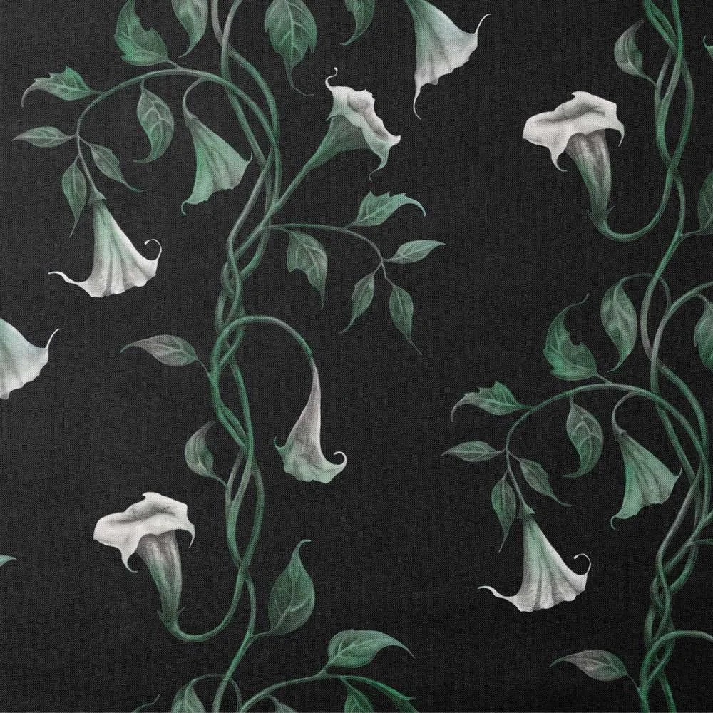 Pattern of white trumpet-shaped flowers and green leaves on a black background.