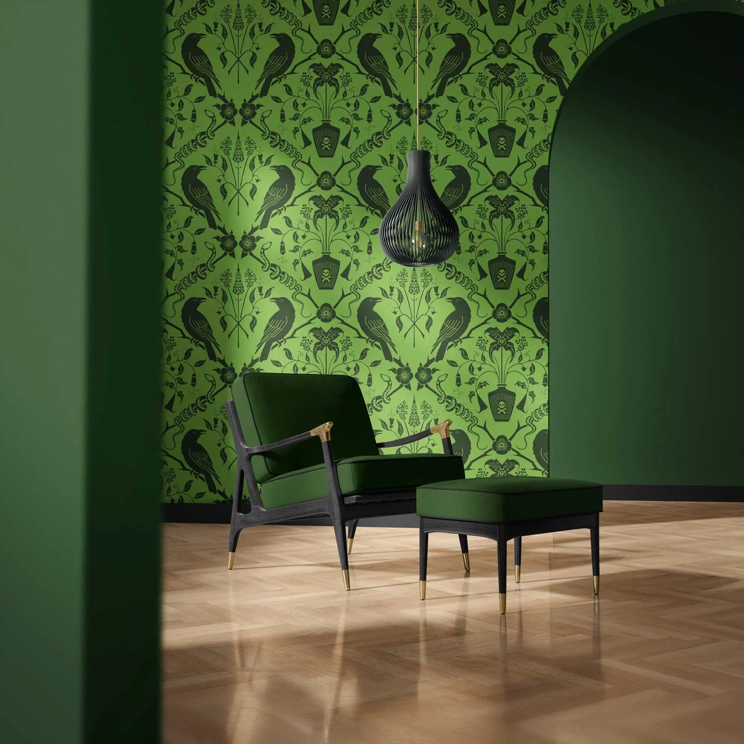 Modern living room with green and black color scheme, featuring a green wall with black bird and floral wallpaper, a black hanging pendant light, and a green armchair with a matching ottoman, on a light wooden floor.