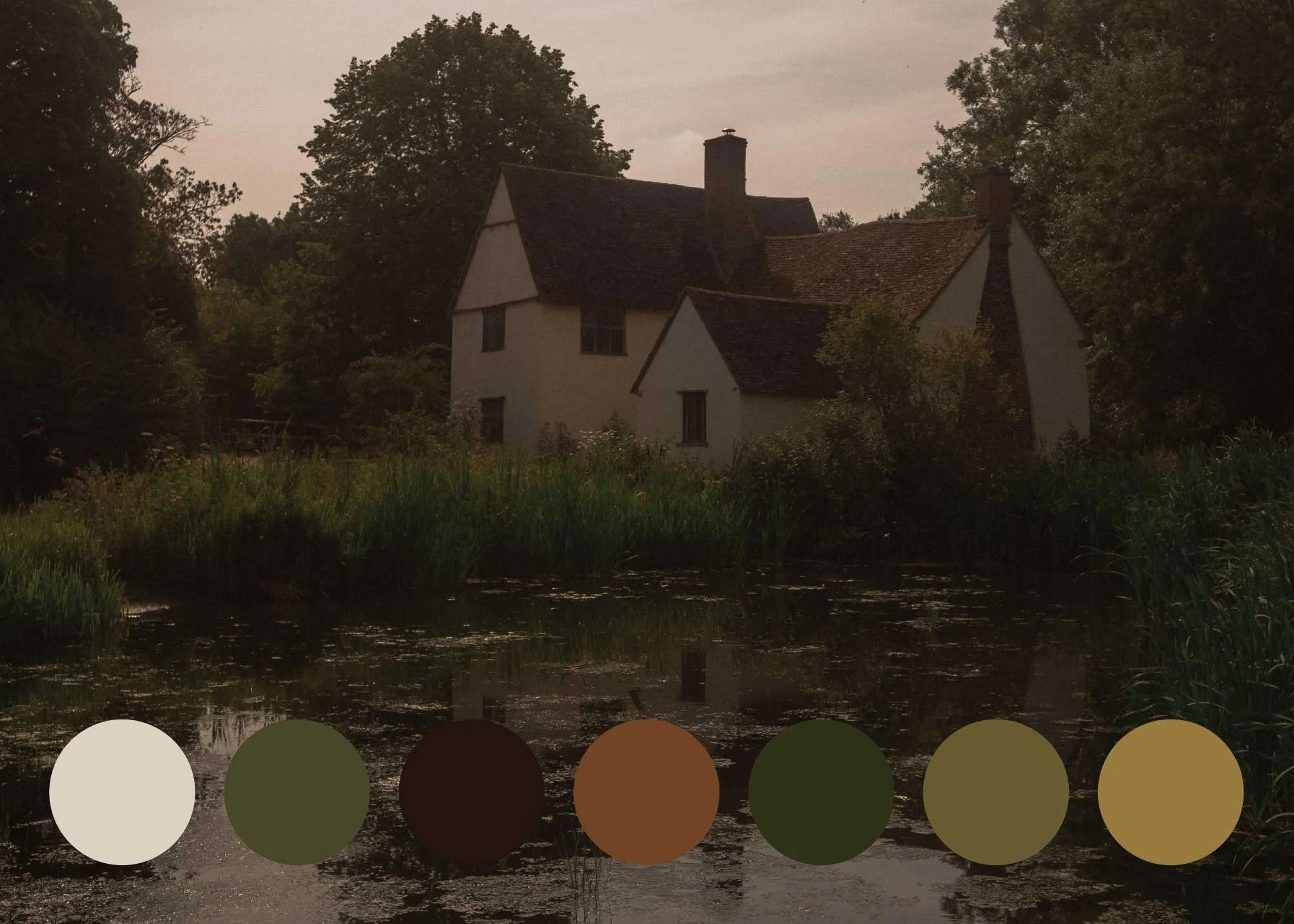 A colour palette inspired by the English countryside, featuring soft greens and muted browns inspired by Willy Lott's cottage at Flatford Mill, and John Constable's paintings.