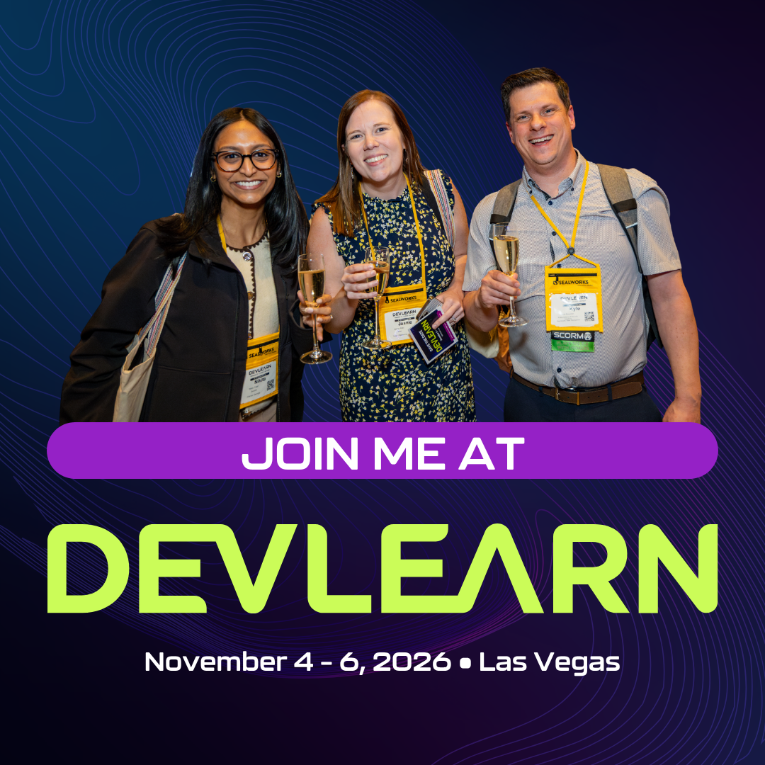 A "Join me at DevLearn" banner with past participants in the background.