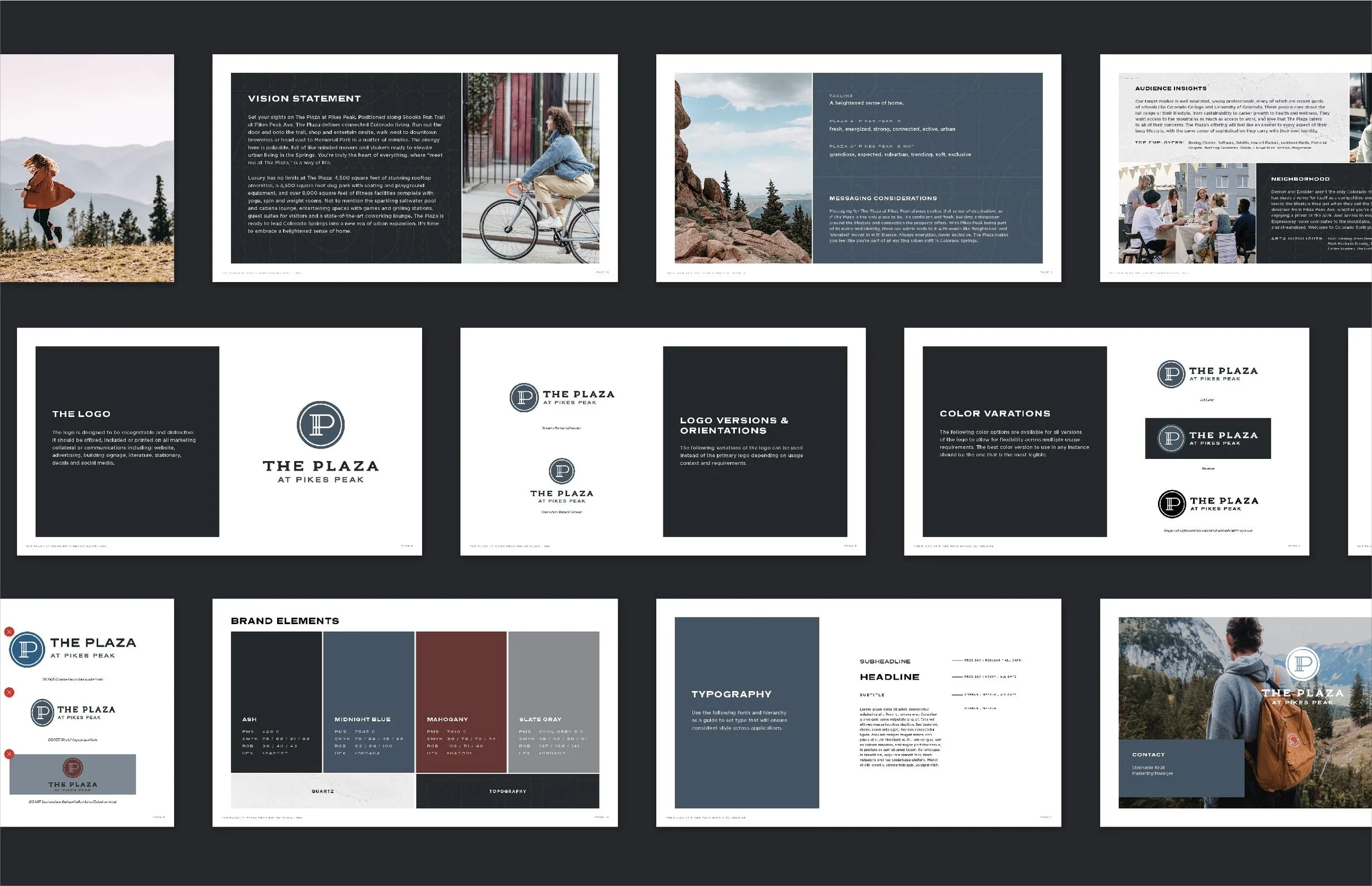 Plaza at Pikes Peak brand guideline design with logo, colors, texture, and messaging.