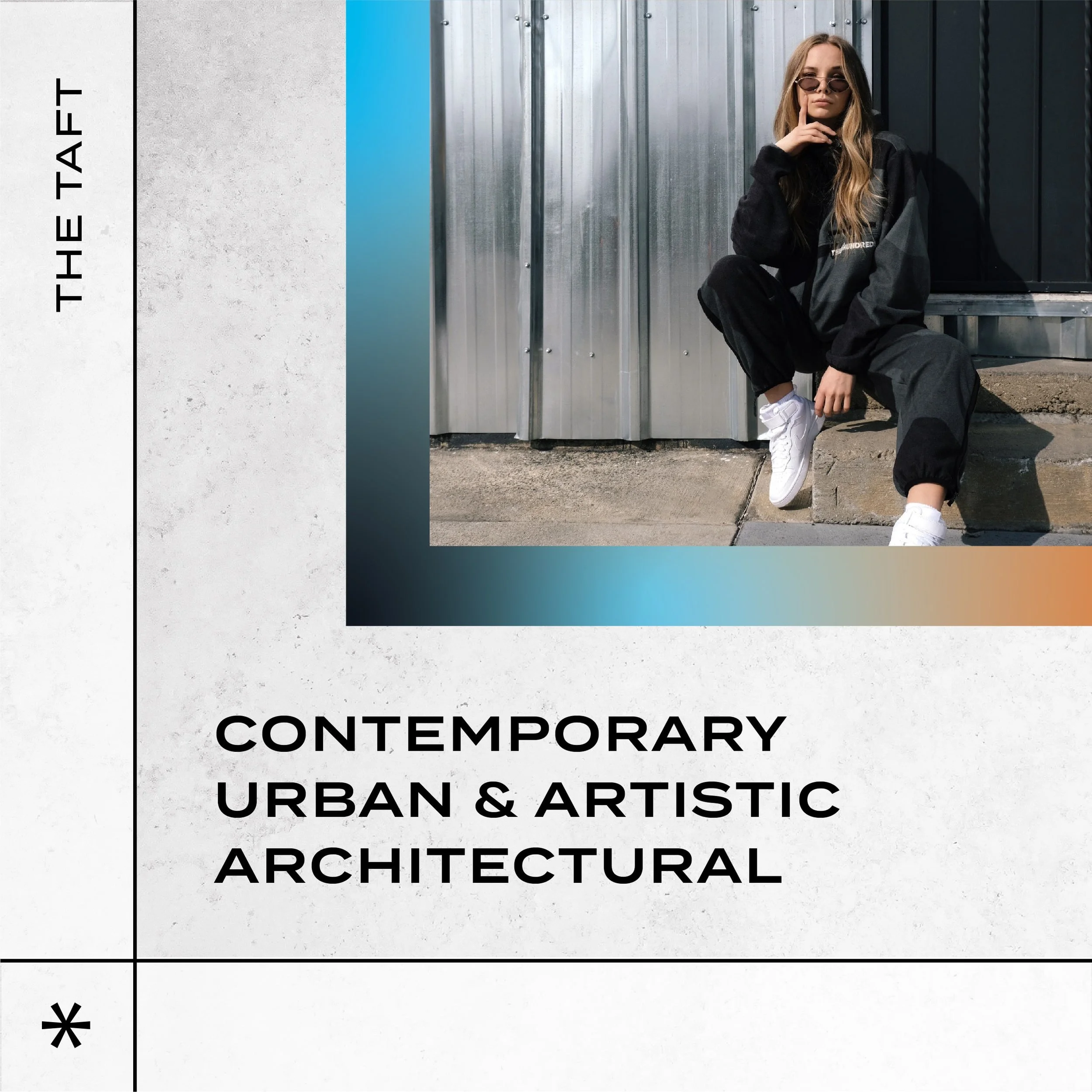 Trendy looking woman with the text "Contemporary, Urban & Artistic, Architectural" overlaid.