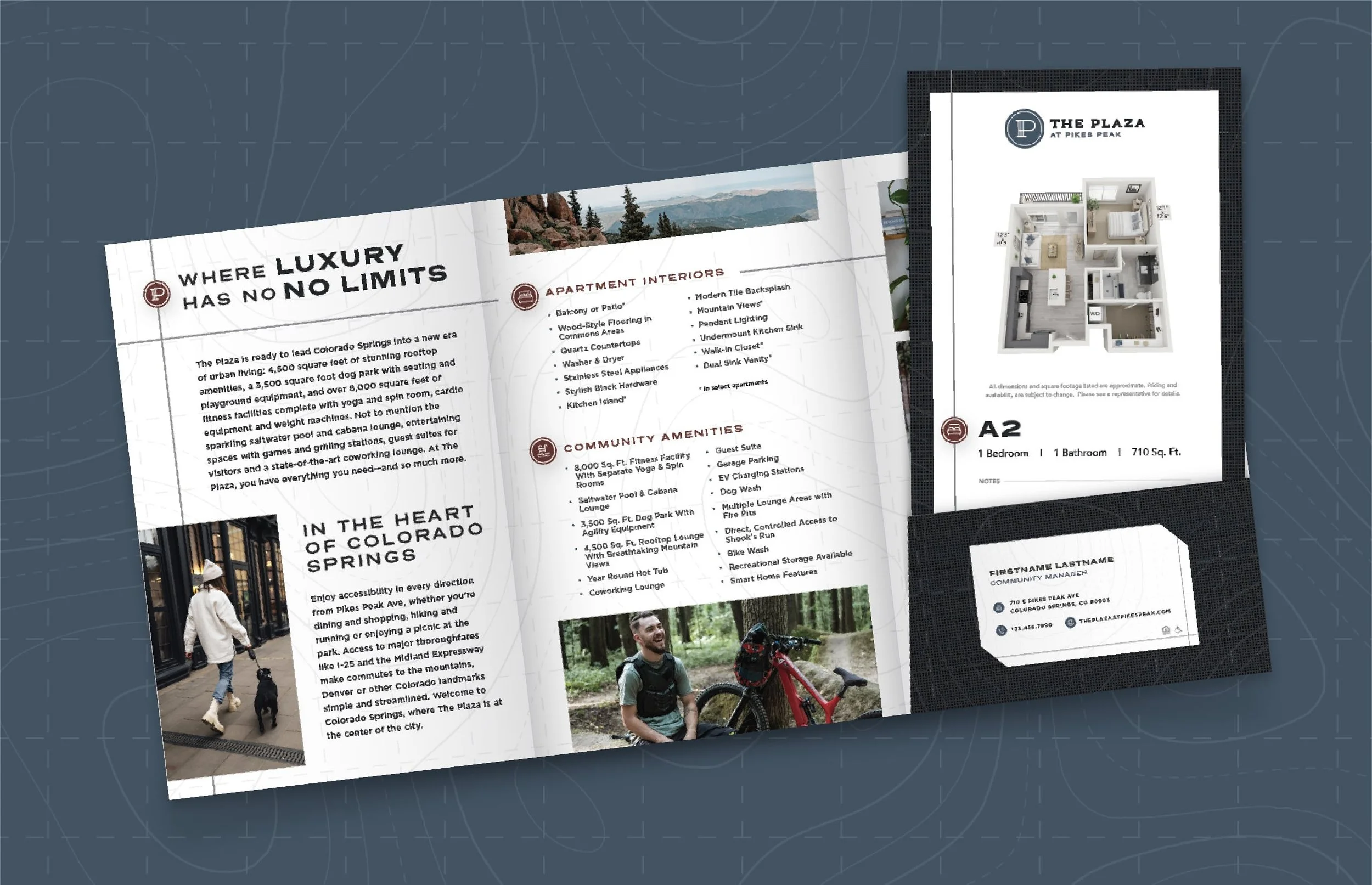 Plaza at Pikes Peak pocket folder with floor plan insert design for print collateral