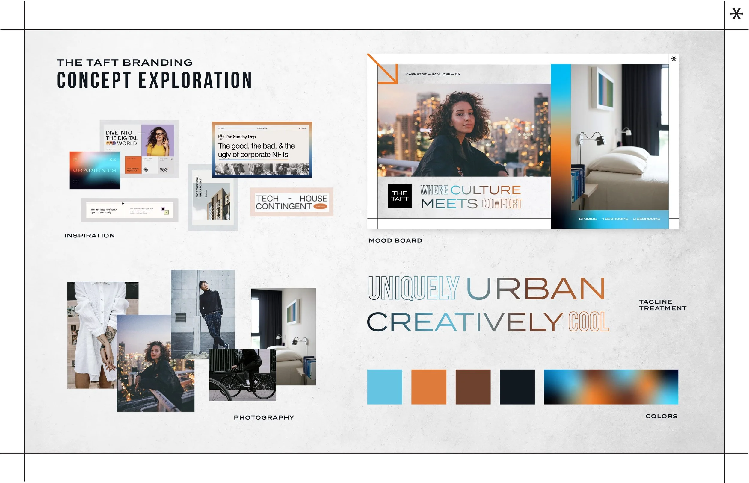 Mood board showing the various visual elements of The Taft brand.