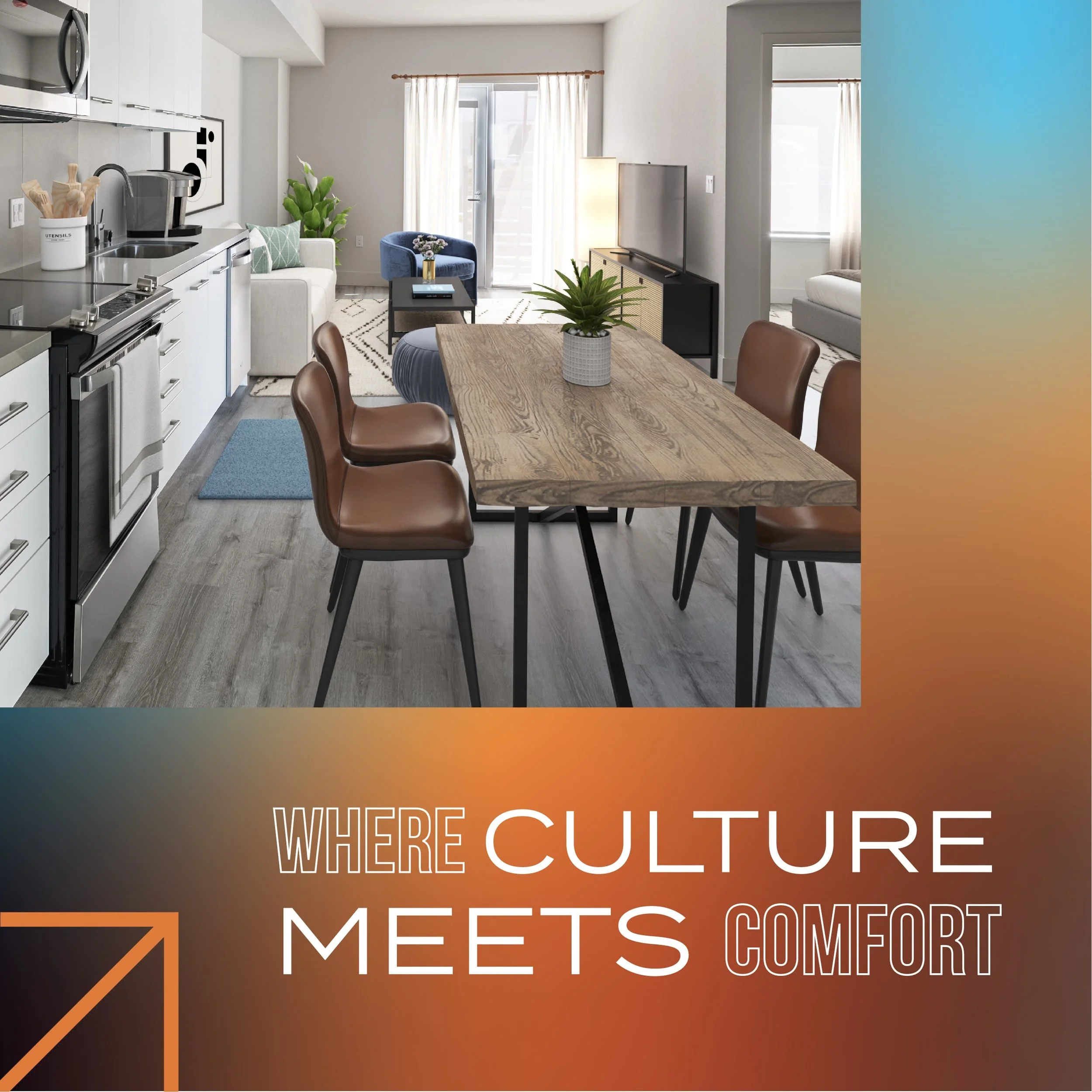 Interior of an apartment with the tagline "Where Culture Meets Comfort" overlaid.