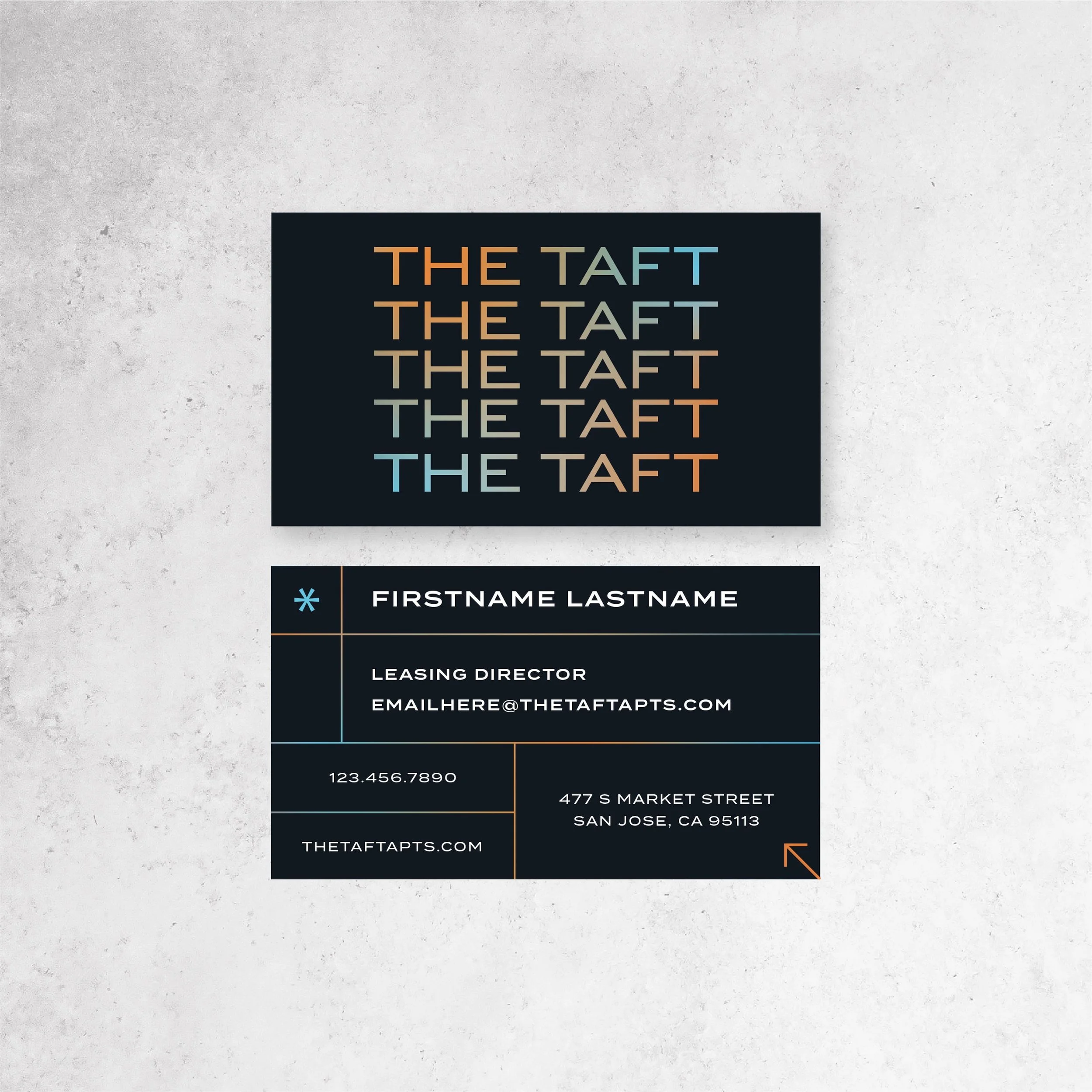 Black business cards with a vibrant blue-to-orange gradient.