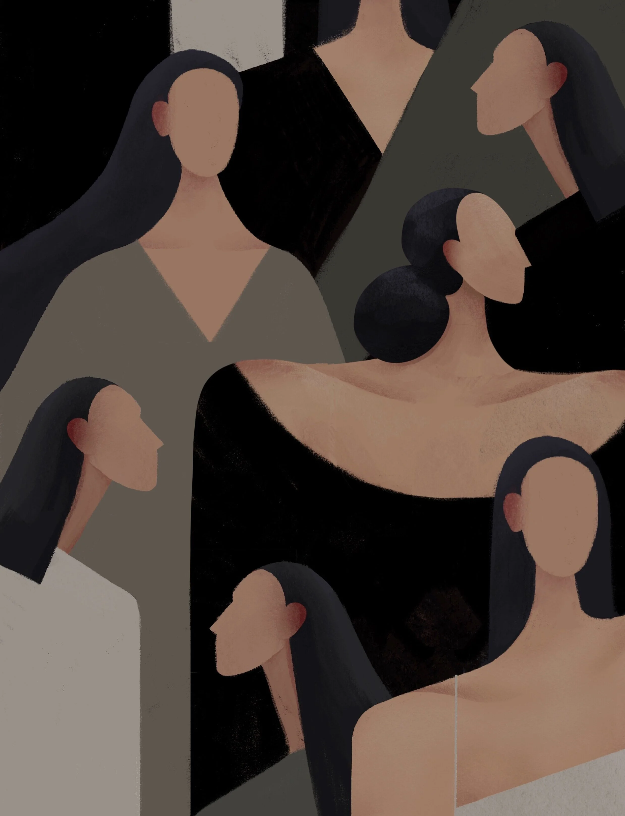 Ilustração artística de uma família com várias gerações, incluindo adultos e crianças, com cabelo escuro e pele clara, em estilos minimalistas e abstratos.