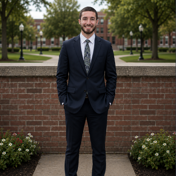 A man in a dark blue suit standing outdoors in front of a brick wall with flowers and a park background, smiling.