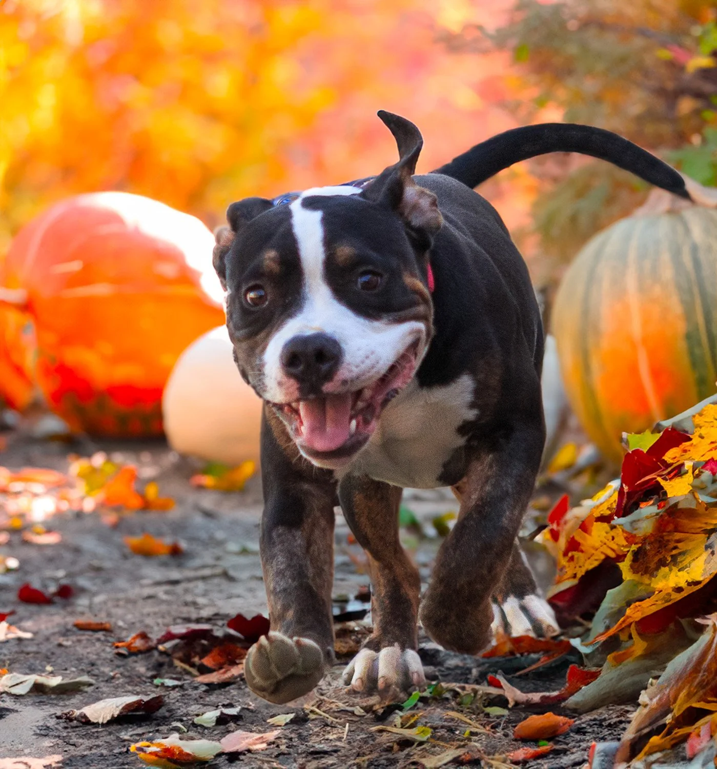 a chubby pup running through an ai generated background of pumpkins and leaves