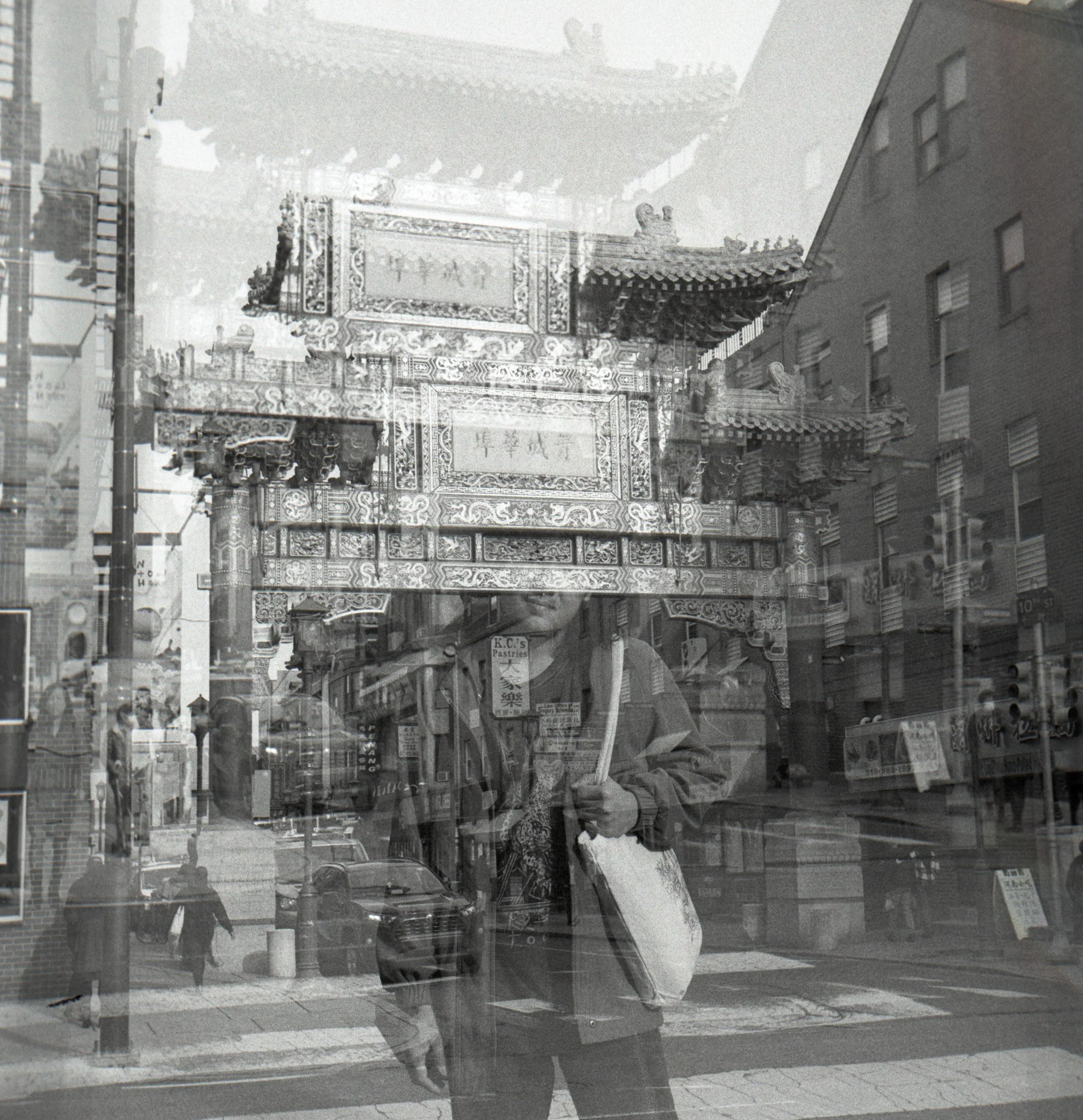  Thanh, double exposure in front of Chinatown, Philadelphia 
