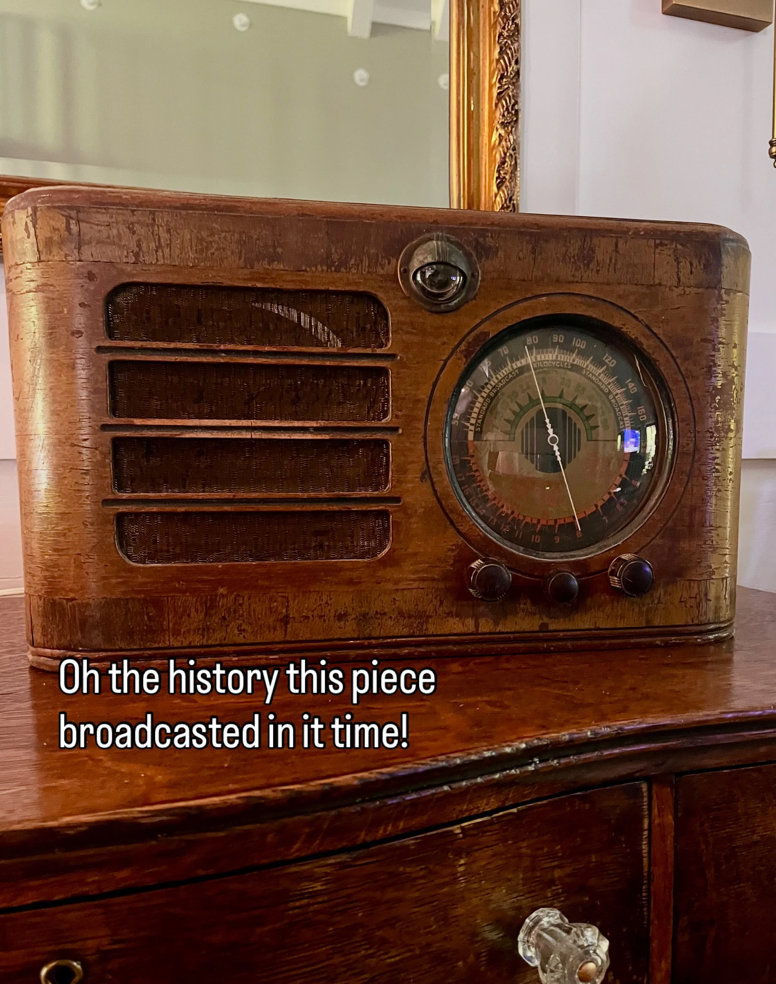 This appears to be a vintage Clinton radio from around 1938! Just think, it probably broadcasted the attack on Pearl Harbor and V day! Oh the history it could share. 

The inner workings are shot at this point in time but the artistry of the case has