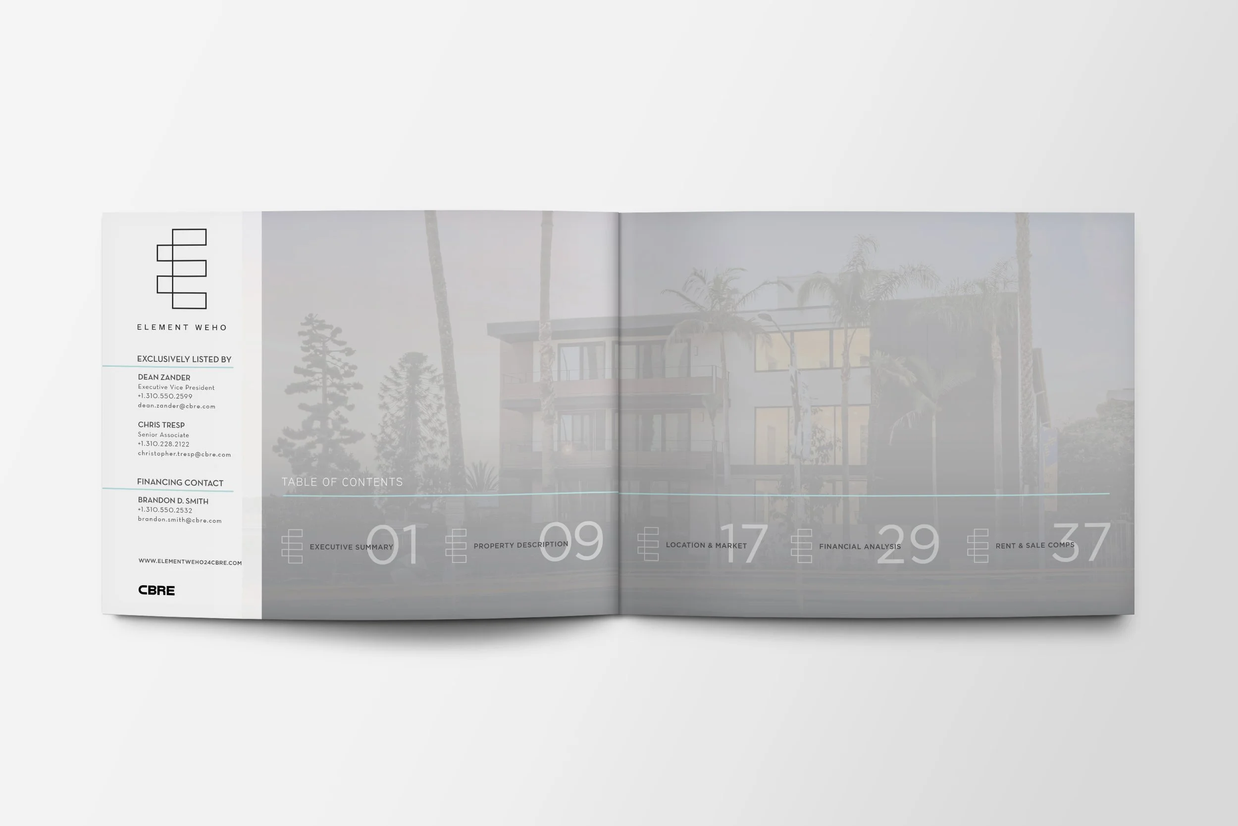 Open real estate brochure showing a modern house surrounded by palm trees, with a table of contents listing sections like executive summary, property description, location & market, financial analysis, and rent & sale comps.