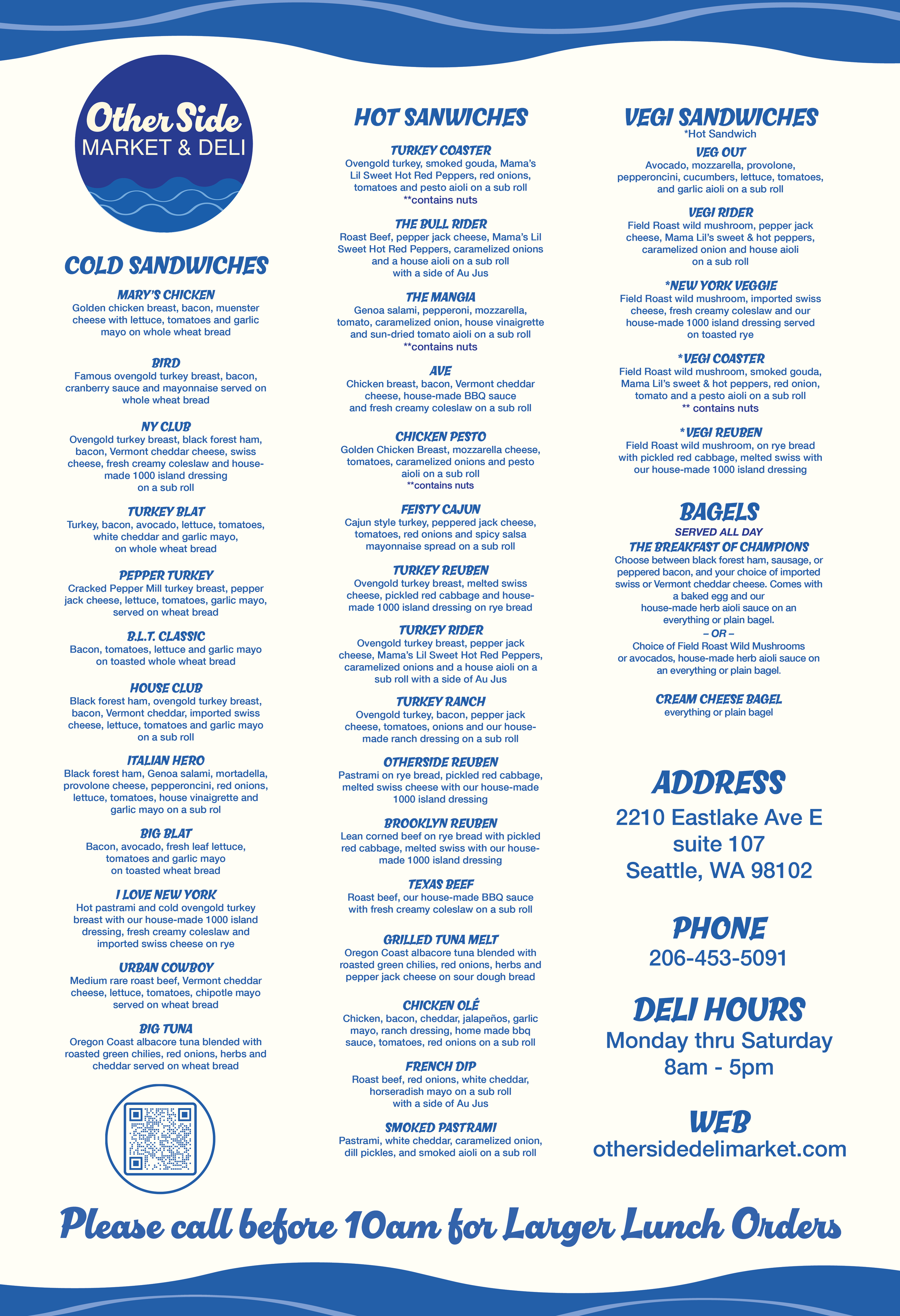 Menu of sandwiches and deli items from Other Side Market & Deli, including hot sandwiches, vegetarian sandwiches, bagels, and address details.