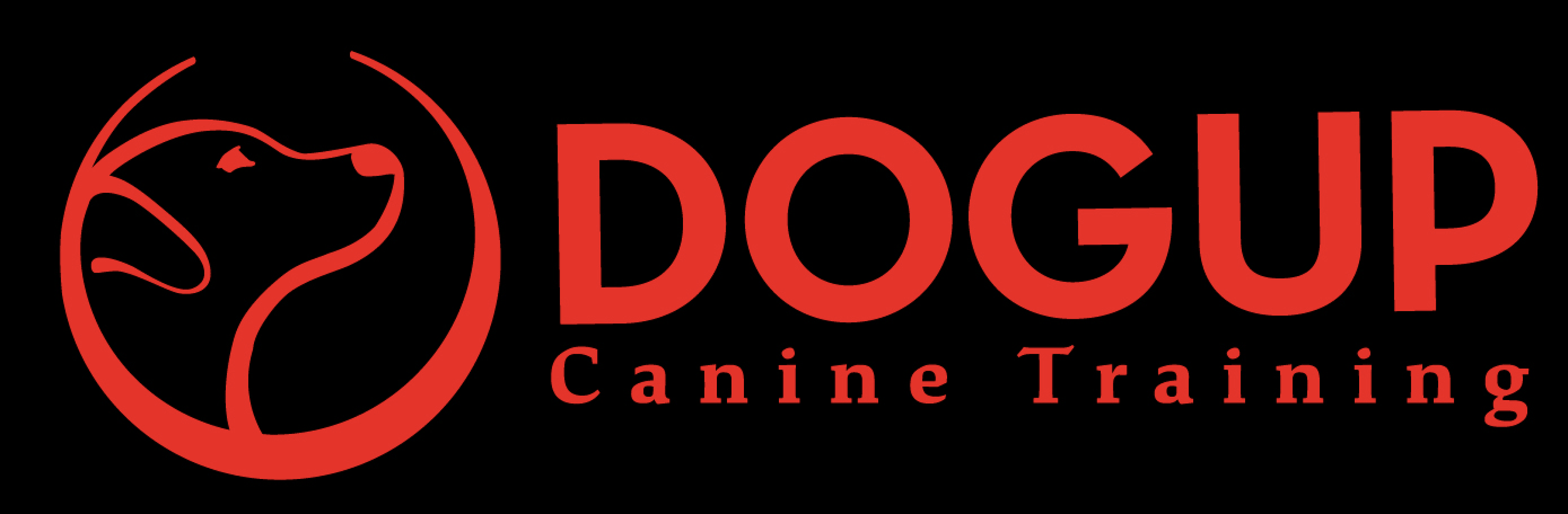 Red and black logo for DogUp Canine Training featuring a stylized dog's head outline and the text 'DogUp' with 'Canine Training' underneath.