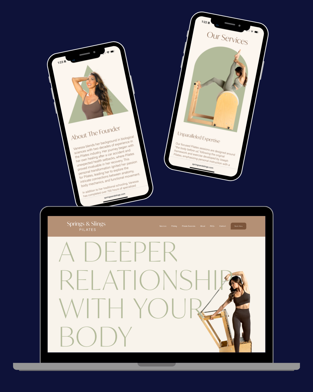Screenshots of a Pilates studio website and two mobile app pages featuring a woman performing Pilates exercises.