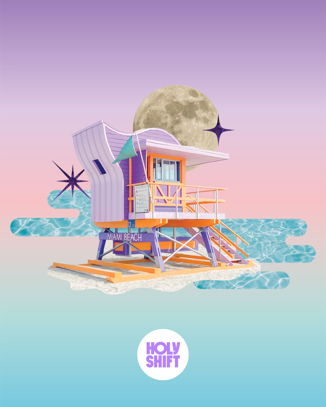 Colorful lifeguard tower on Miami Beach with pastel sky, large moon, and stylized water reflections in the background, with 'Holy Shift' text below.
