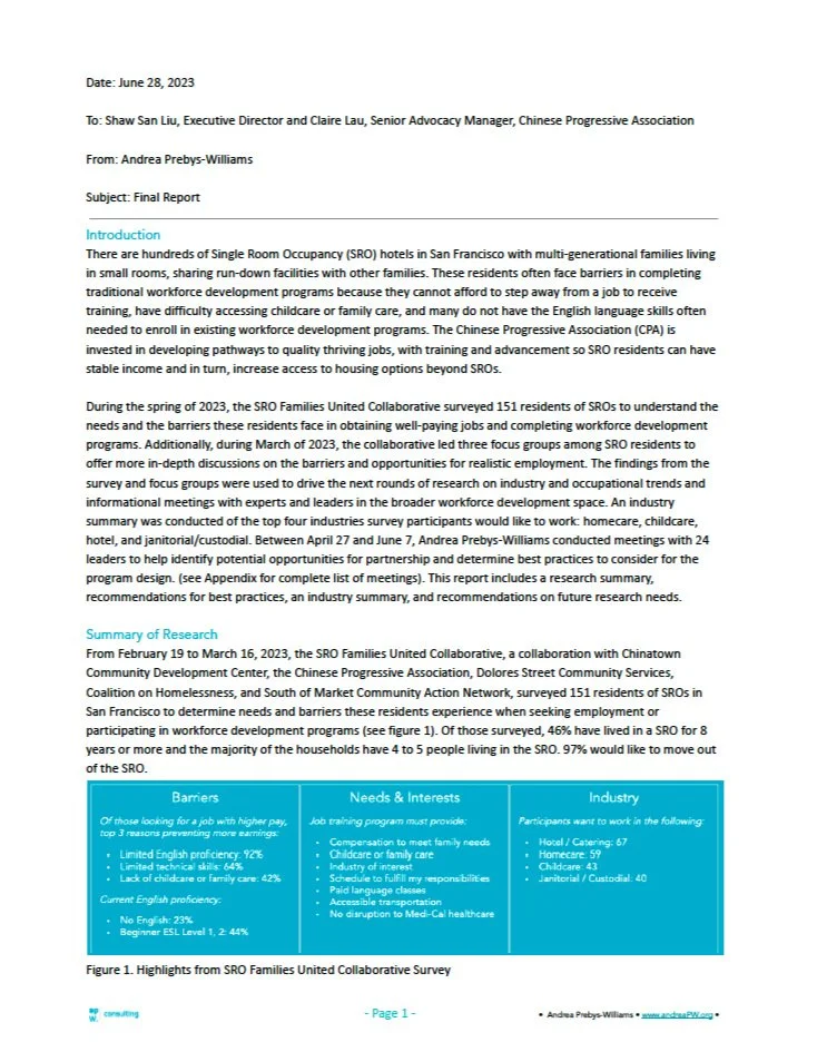 Conducted research for Chinese Progressive Association to support the development of their workforce development pilot program. I interviewed 24 leaders and experts in the broader workforce development space to identify potential opportunities for pa