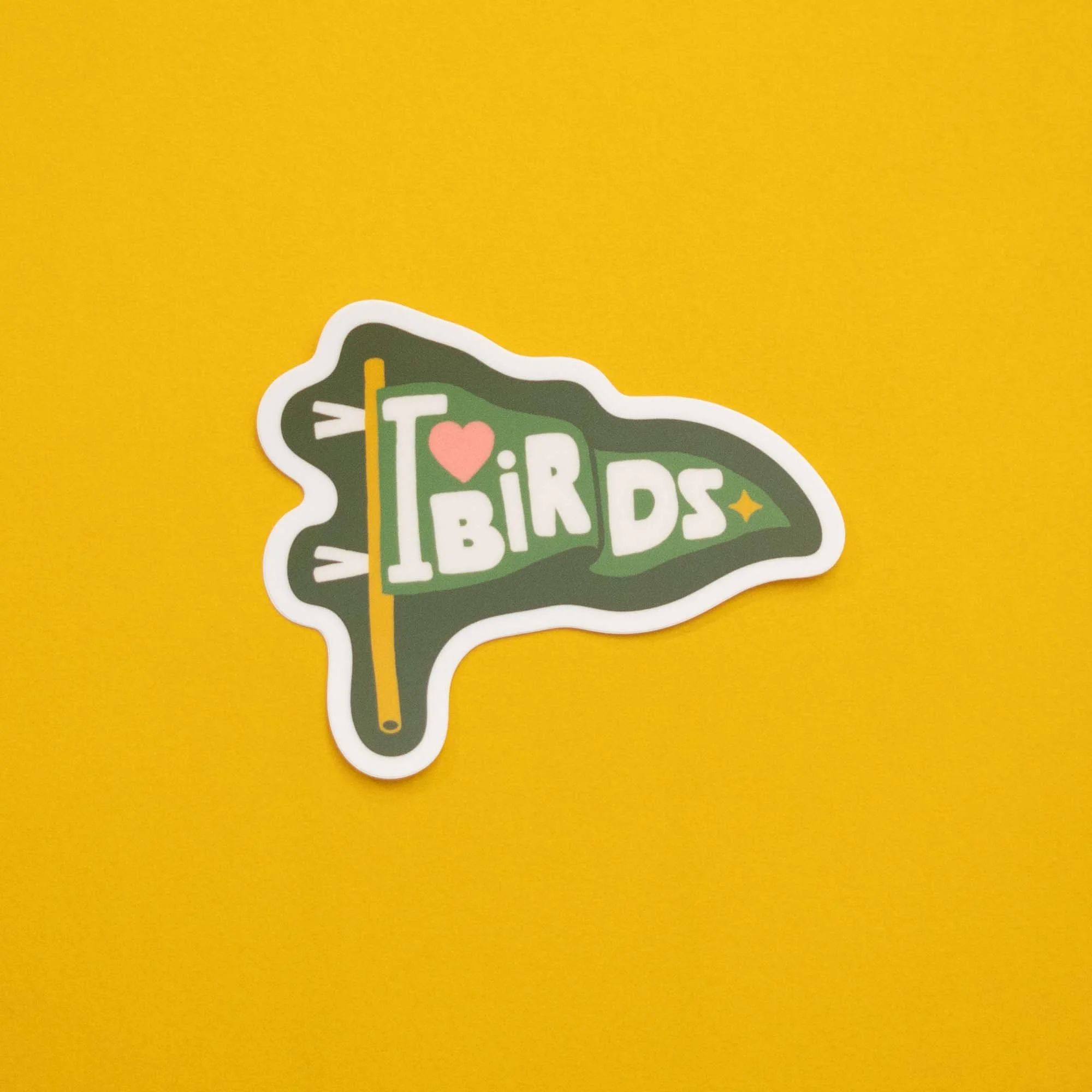 Vinyl sticker of a pennant that reads I Love Birds