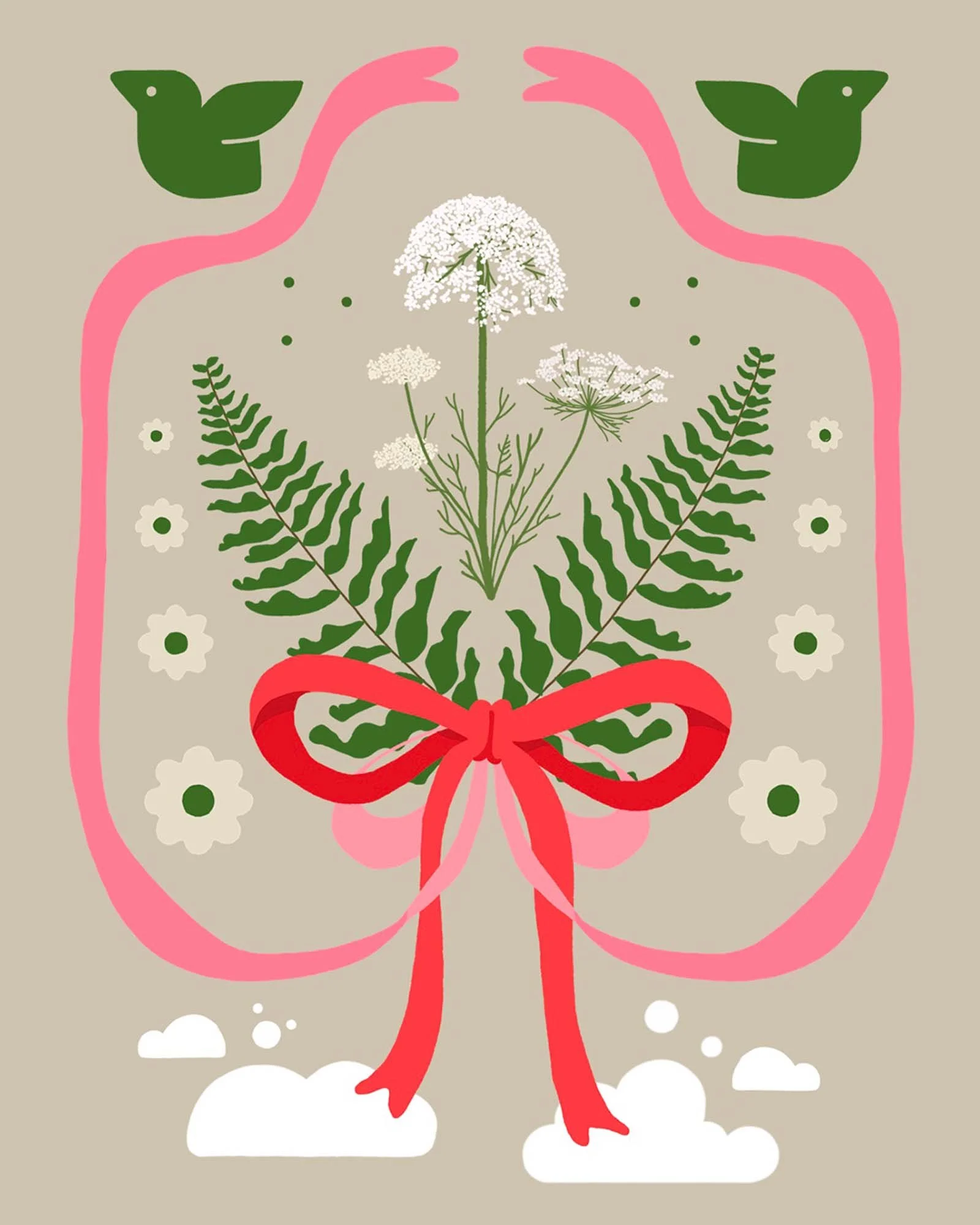 Plants surrounded by a ribbon, clouds, and birds