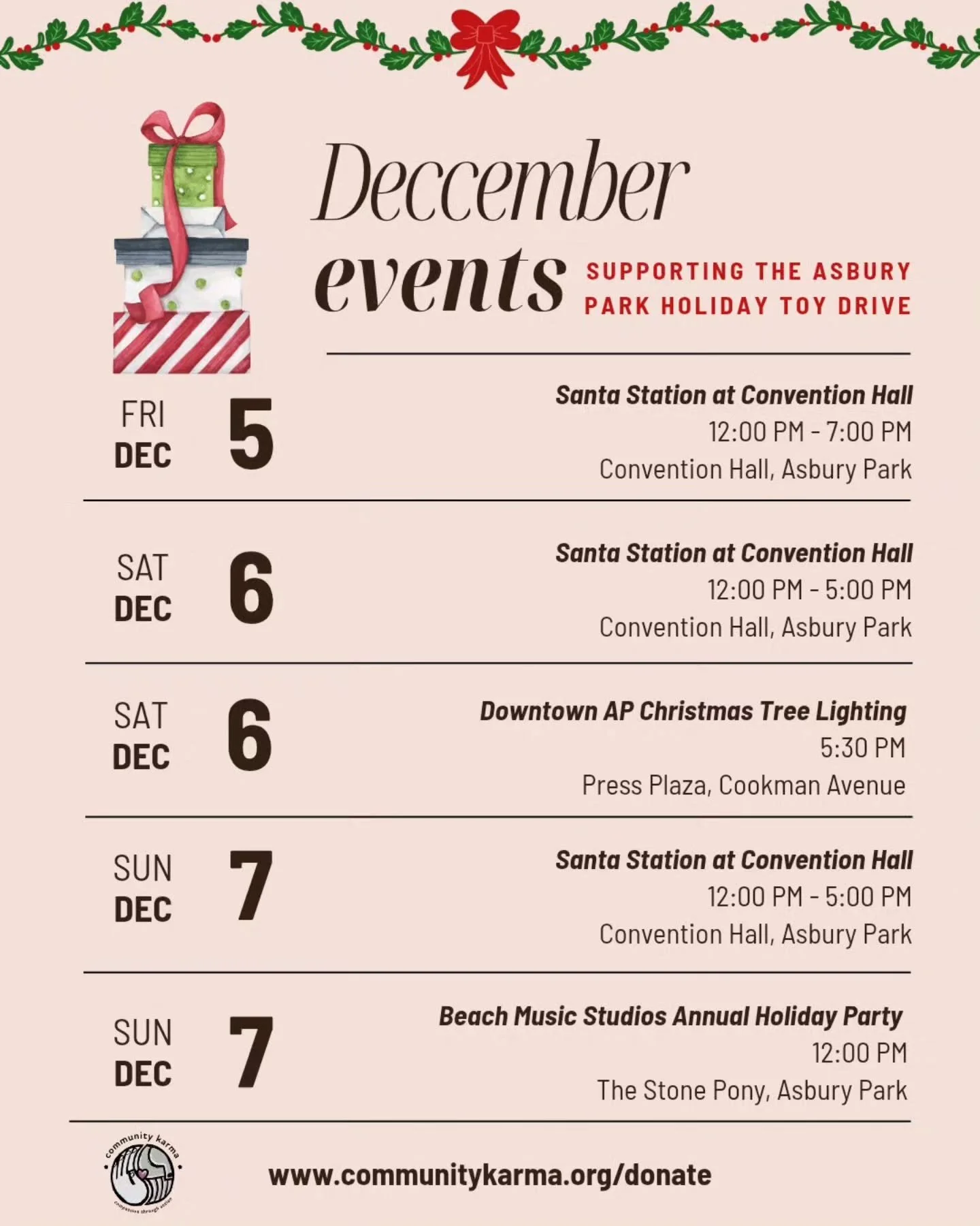 🌟 EVENTS SUPPORTING THE AP HOLIDAY TOY DRIVE 🌟 

This weekend's events (12/5-12/7): 
Fri., Sat. &amp; Sun. ➡️ Santa Station at Convention Hall 🎅🏼
Sat. ➡️ Downtown AP Christmas Tree Lighting 🎄 
Sun. ➡️ Tips for Toys with Meaghan &amp; Jade @ JMac