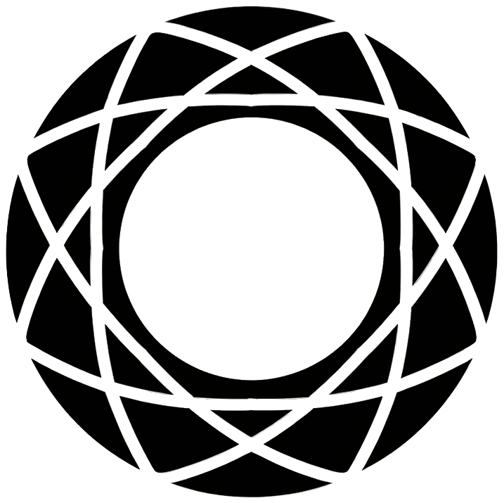 A circular geometric pattern made of intersecting and overlapping lines creating a star-like design.