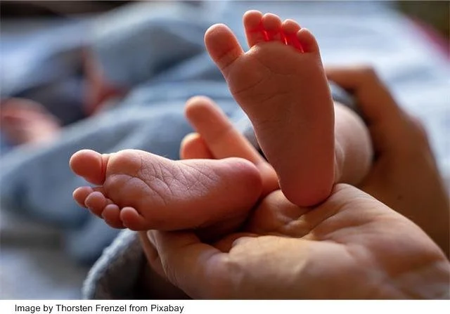 newborn baby feet held in the hand of an adult. Ten toes