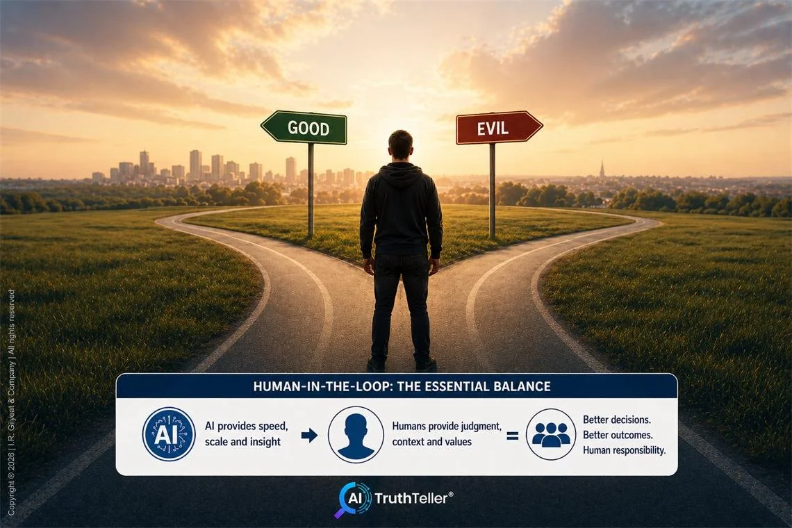 A man stand at the intersection of two different roads leading to a beautiful city in the distance, highlighting the choice of good or evil and the roll of AI with human-in-the-loop processes.