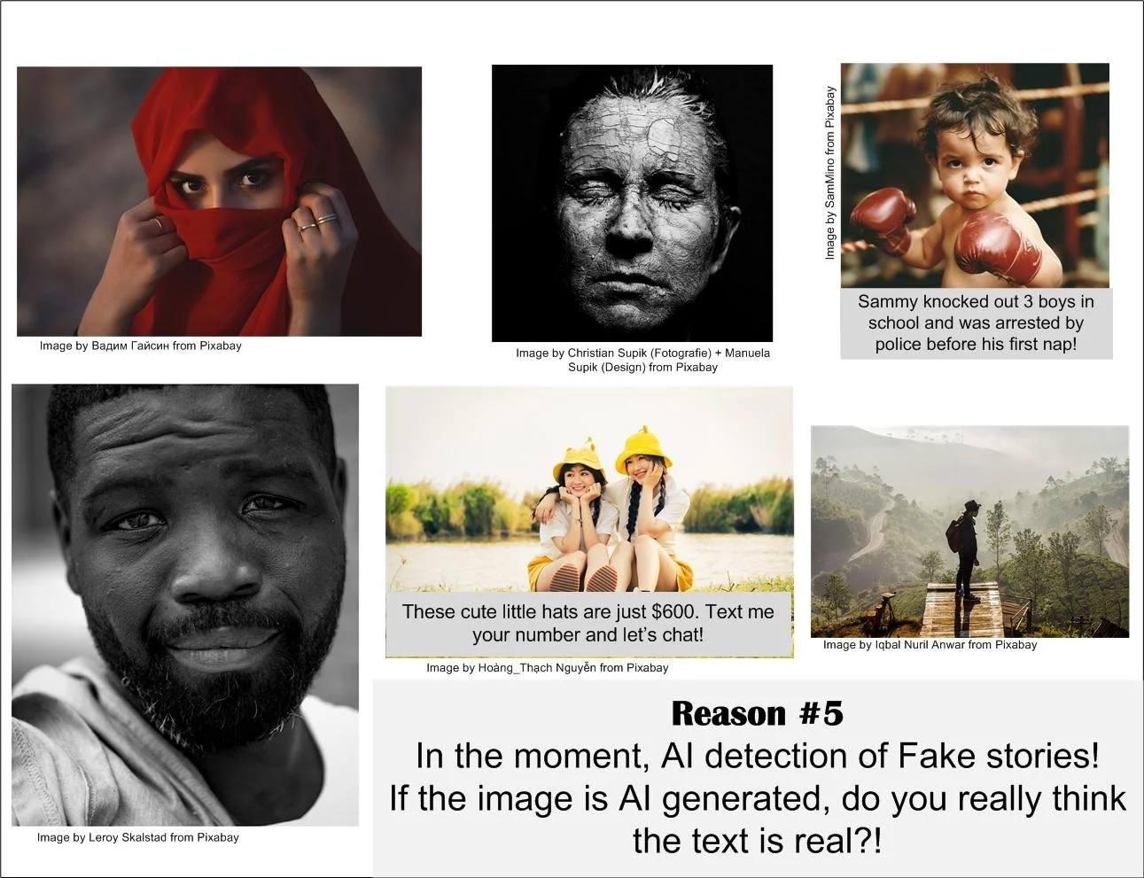 Six images of people; generated by AI and real photographs.
