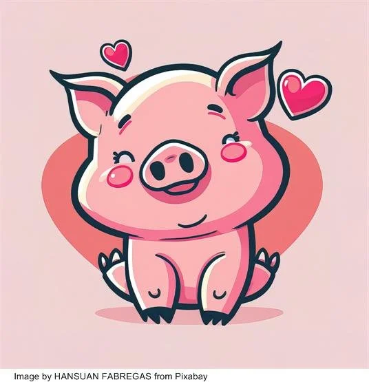 cute little pig in love with pink hearts