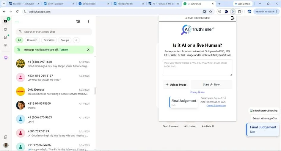 Screenshot of AI TruthTeller app on top of WhatsApp chat window.