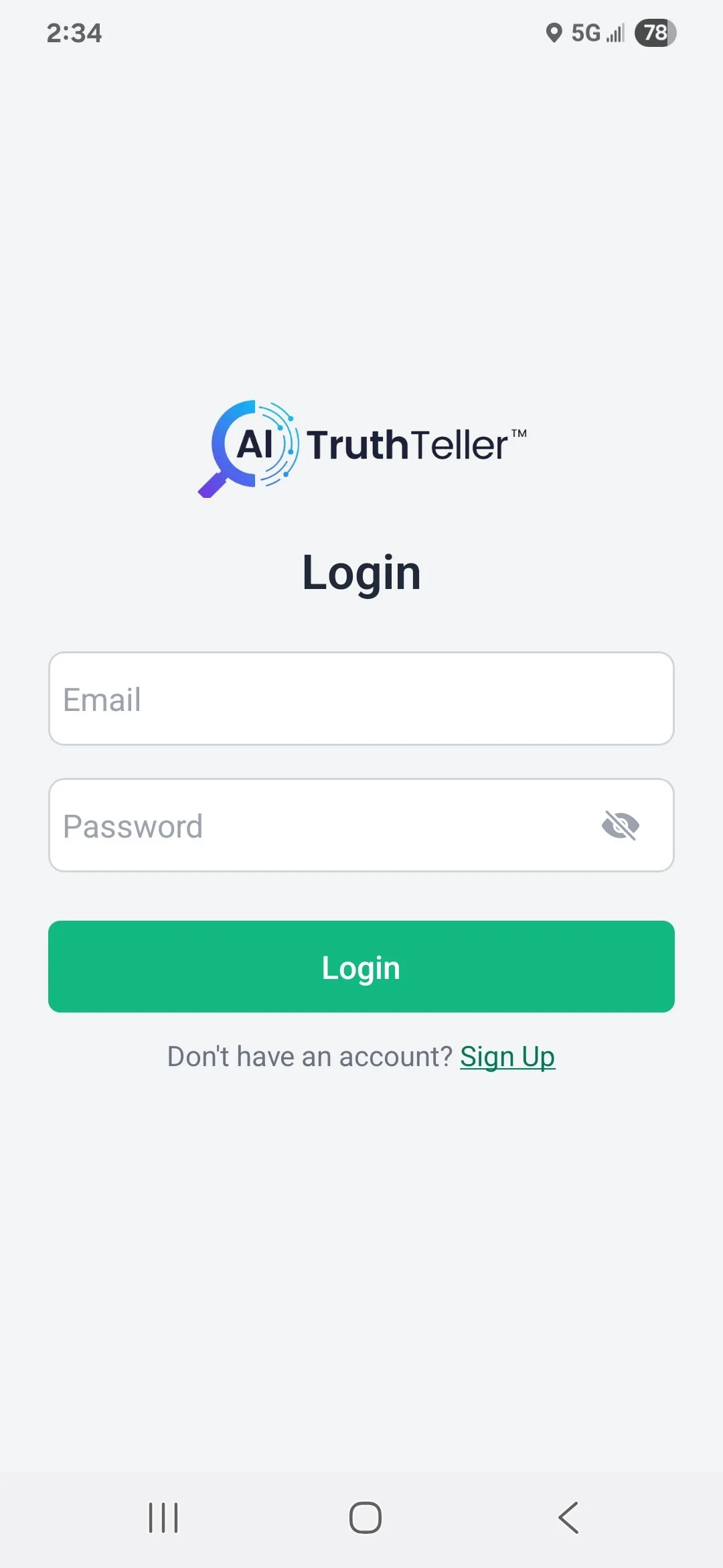 AI Truth Teller Android login screen.