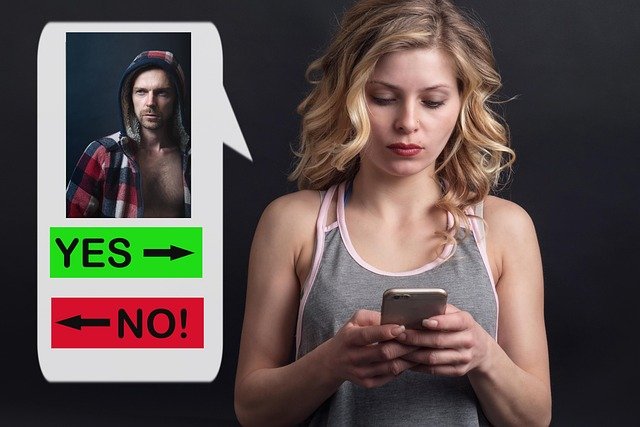 Picture of a man and girl on her phone wondering, yes or no, do  I respond.