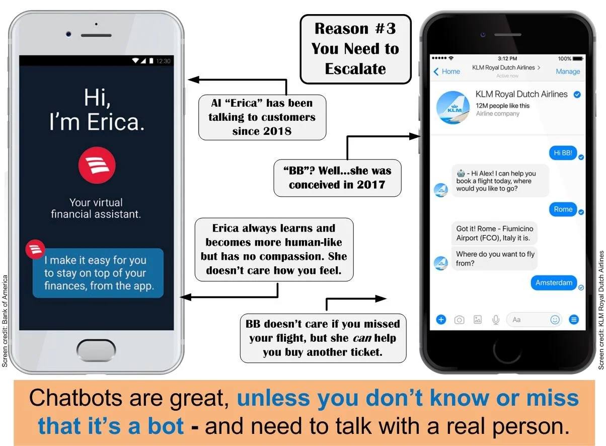 AI chatbot screens from Bank of America and KLL Royal Dutch Airlines