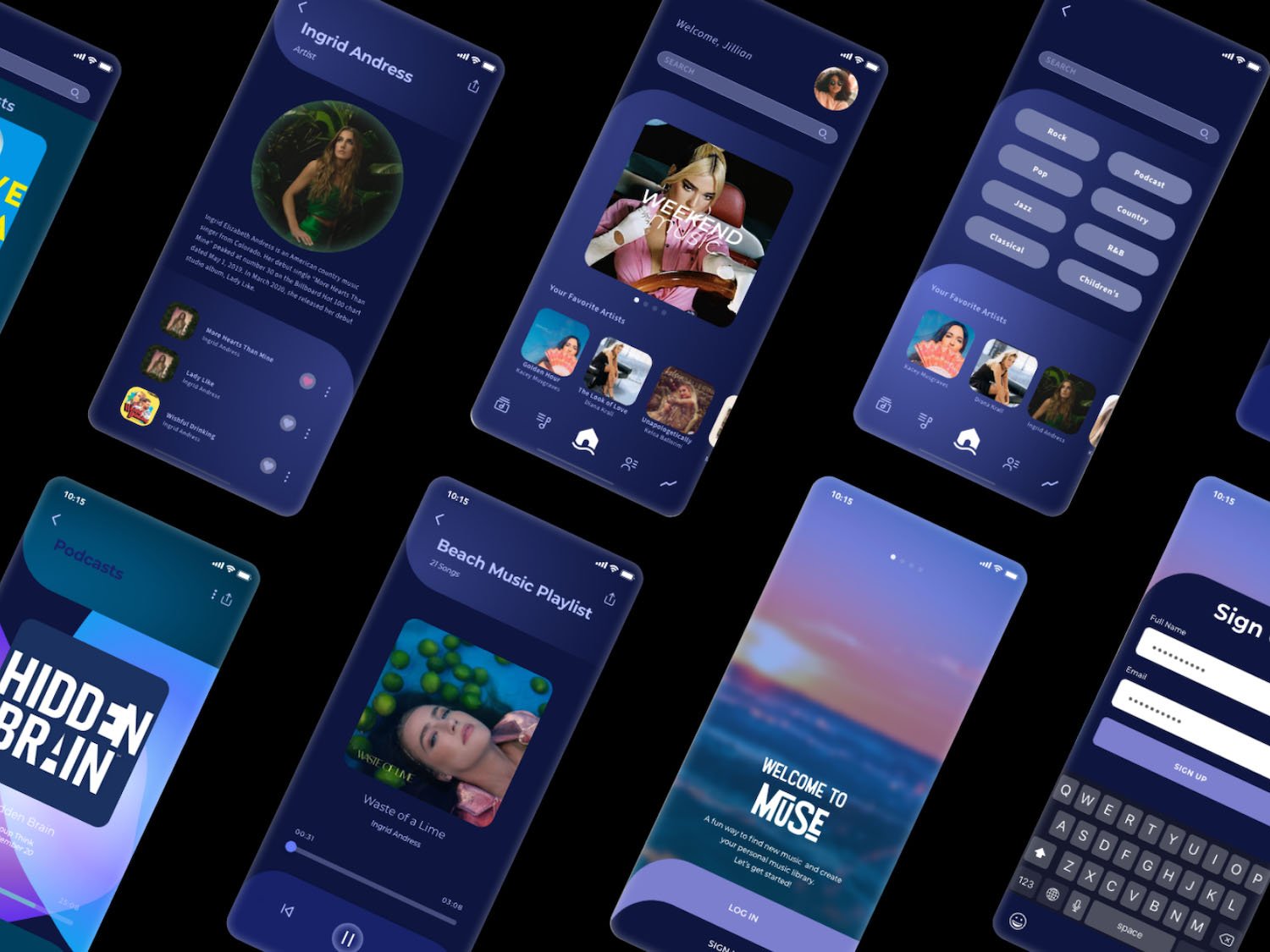 Mockup of several screens of a music app designed by UI/UX designer Chris Olson.