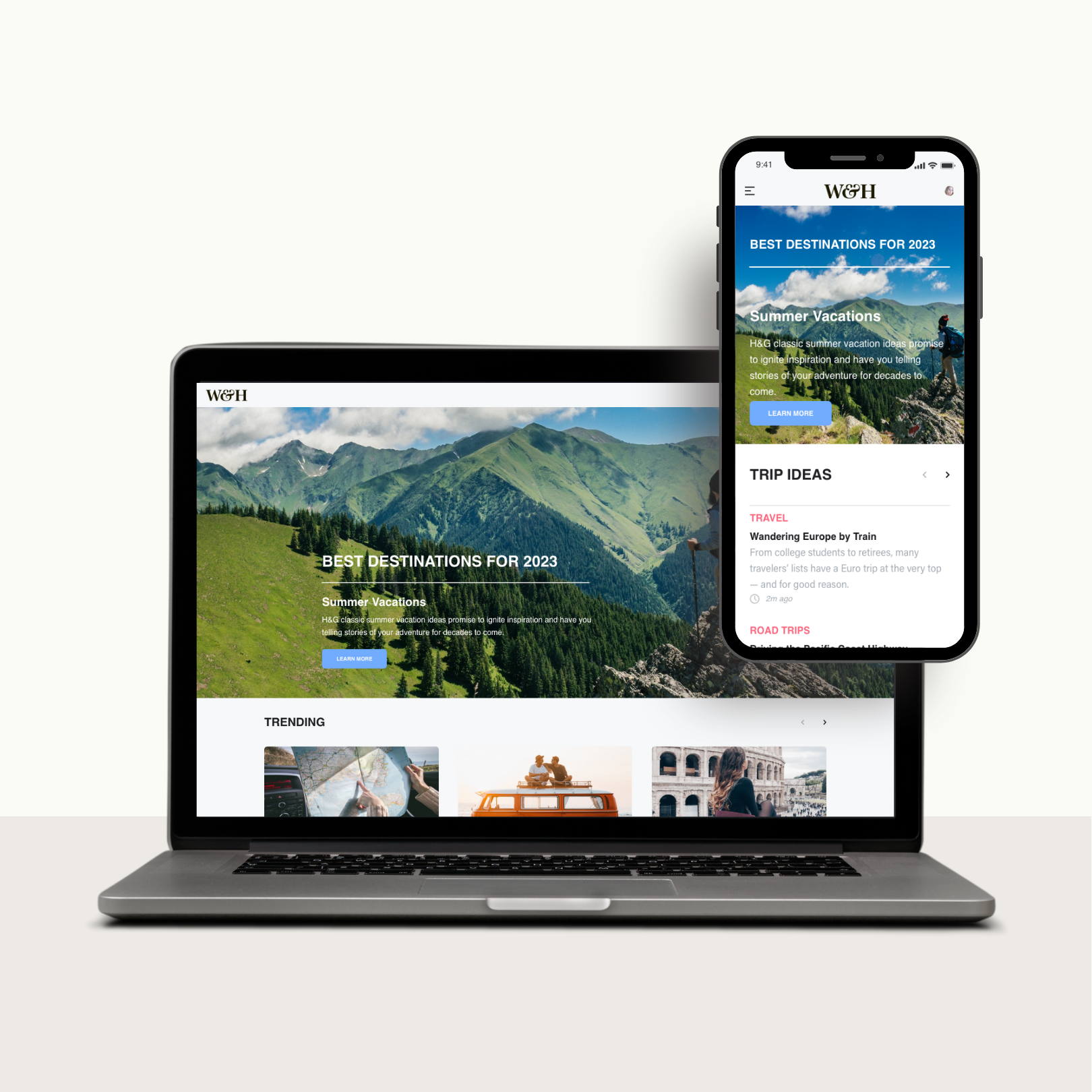 A laptop and mobile mockup of the landing page for a travel website.