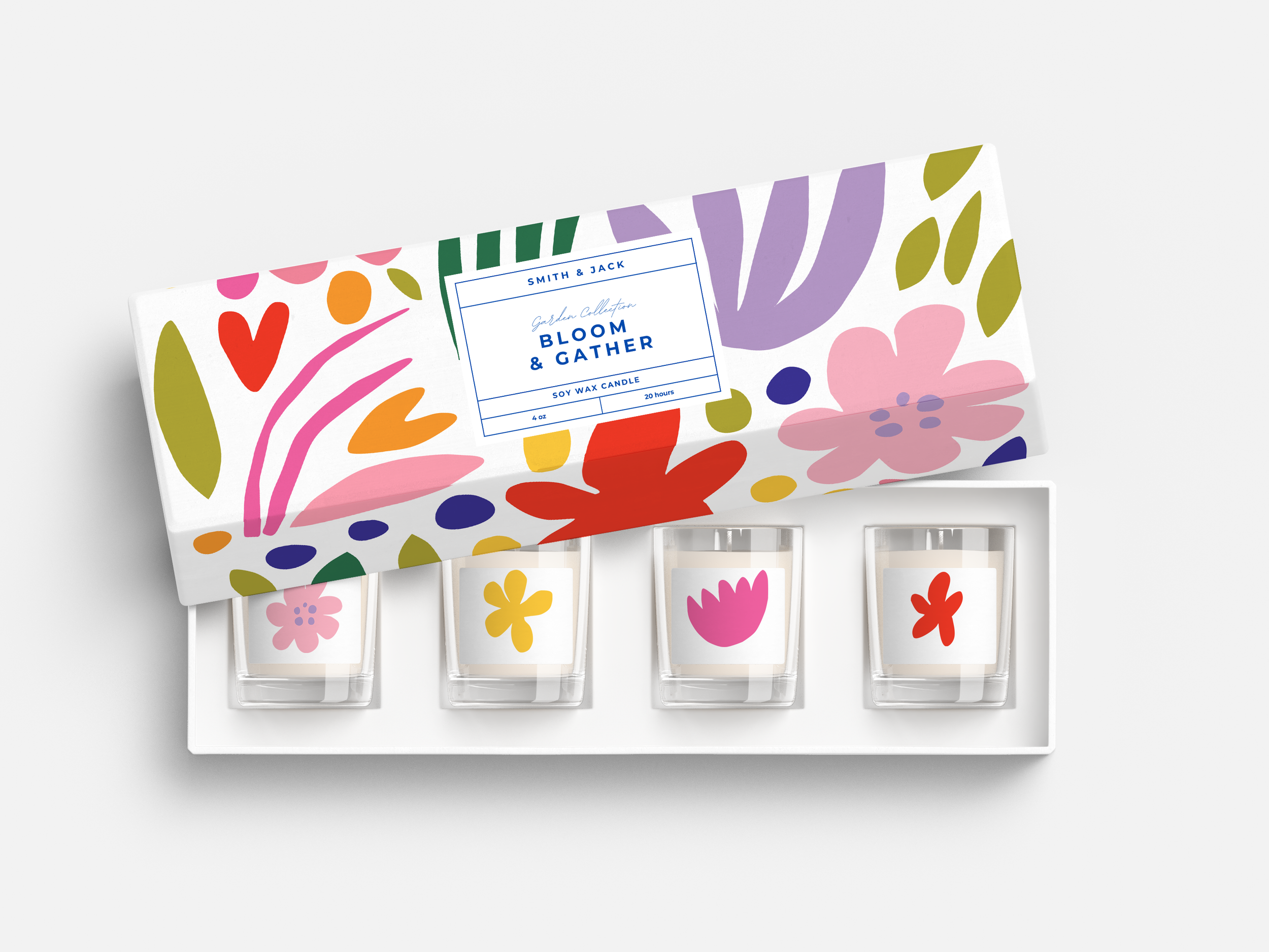 Brand Illustration Packages by Chris Olson showing a Candle packaging with bold floral shapes and colors.