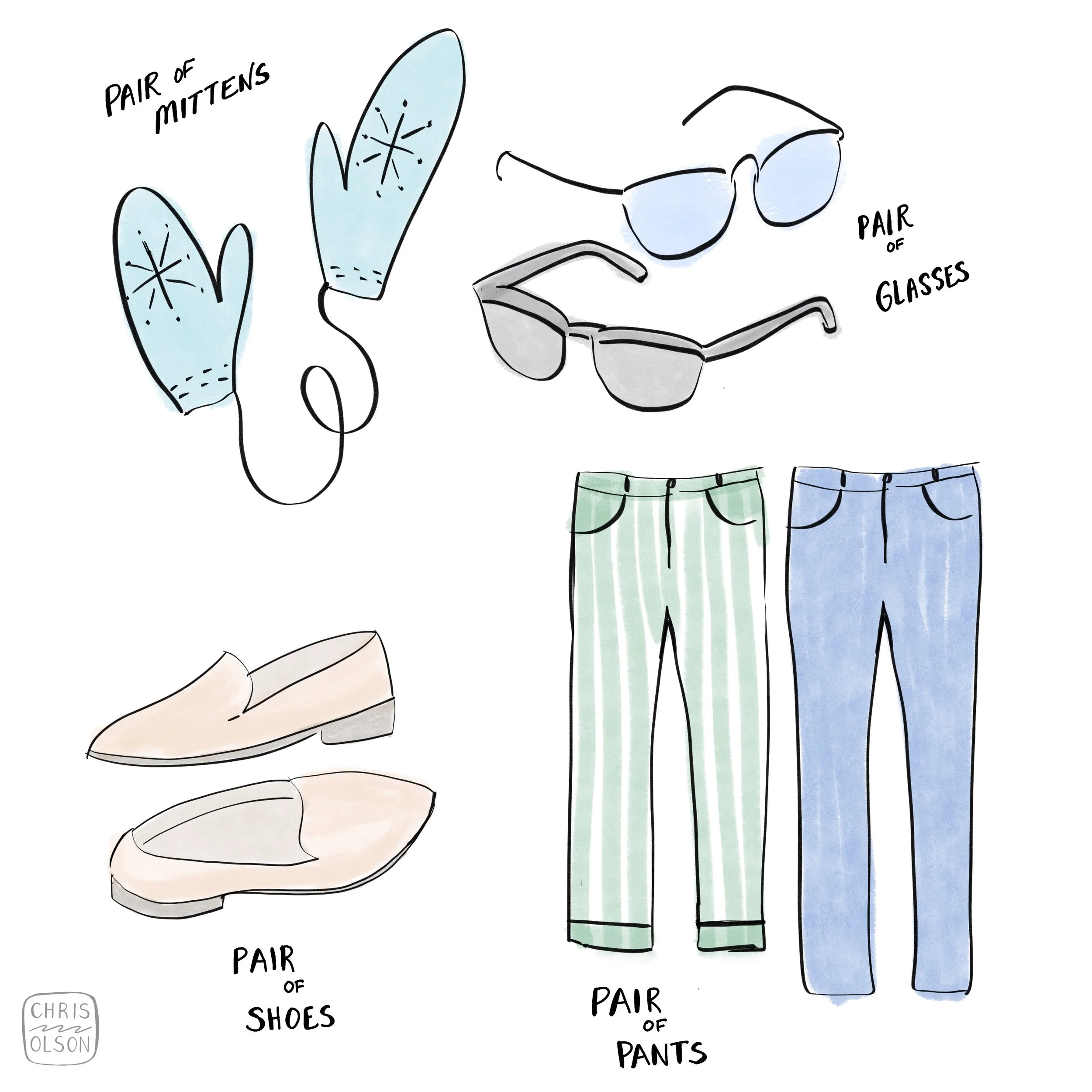 Illustration of pants glasses mittens shoes by chris olson.JPG