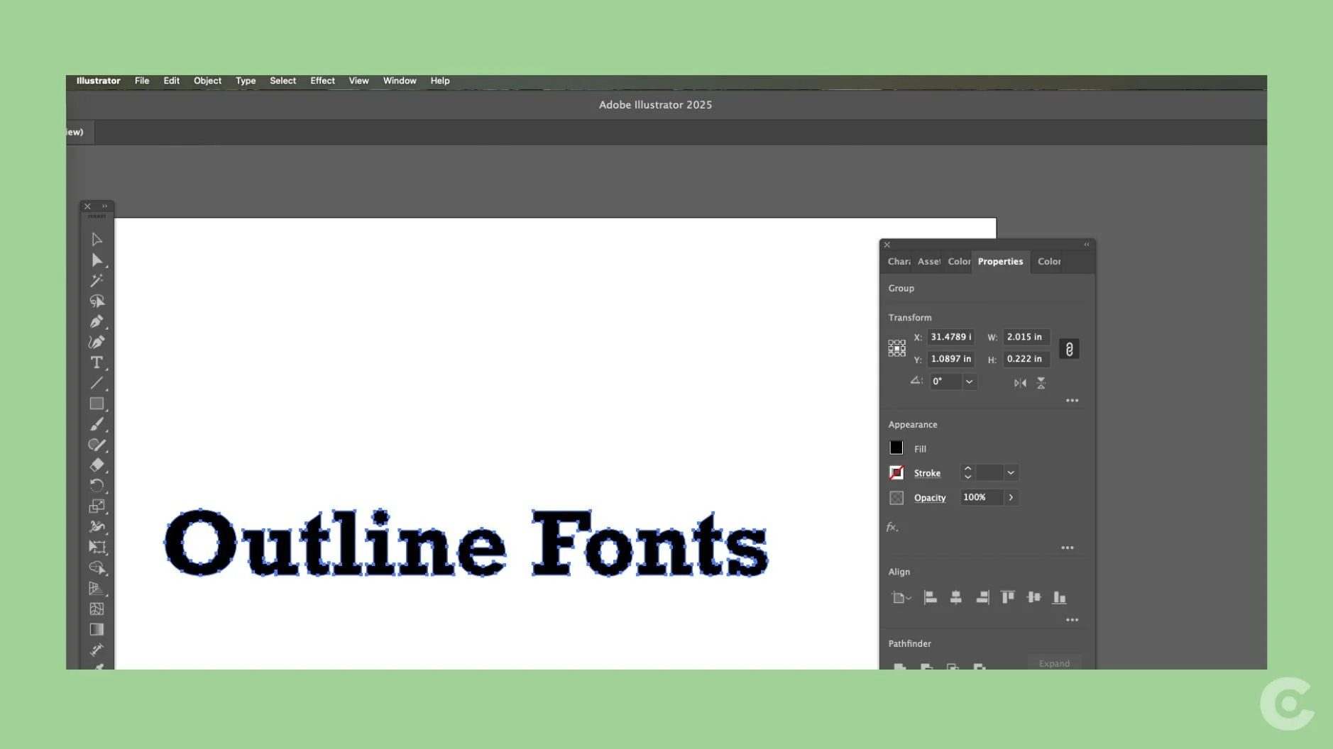 Screenshot of Adobe Illustrator showing outlined text with anchor points highlighted, demonstrating how fonts appear once converted to vector outlines.
