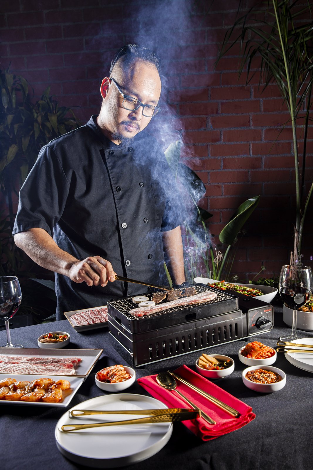Mobile Korean BBQ grill station serving authentic cuisine at a Los Angeles corporate event
