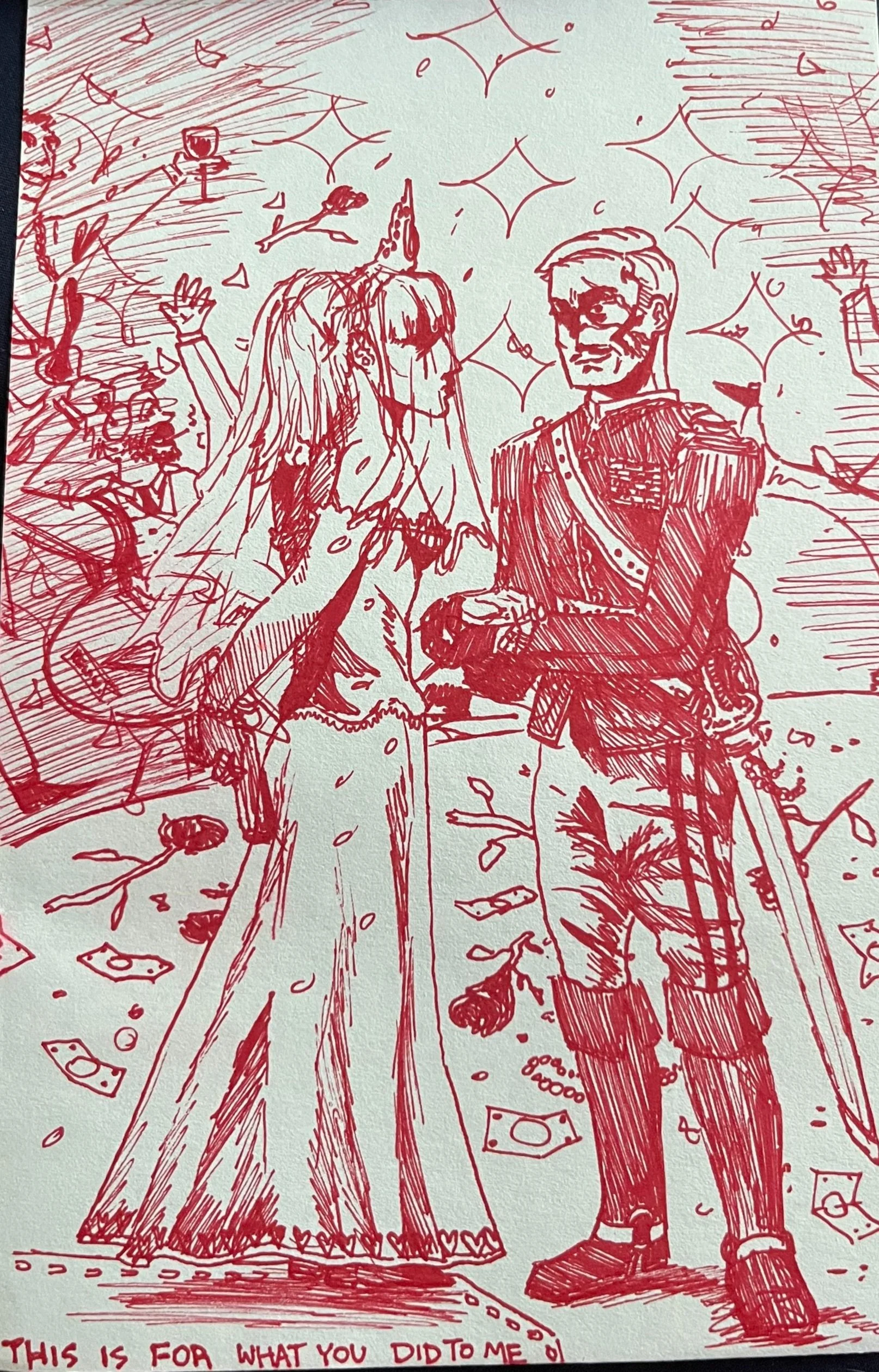 Practice drawing of new wife enacting revenge at the wedding