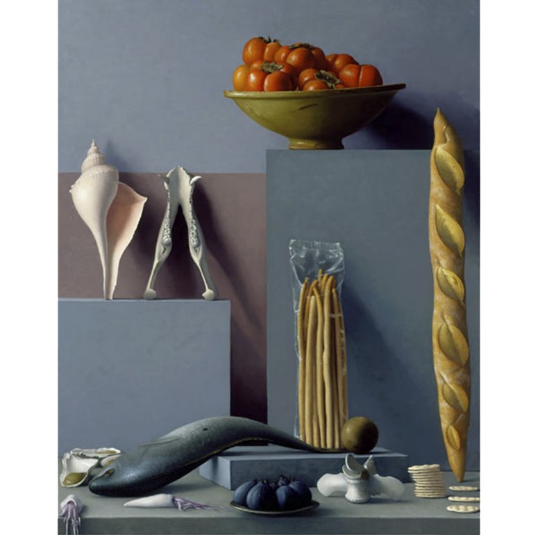  Amy Weiskopf  
 Figs, Fish, Bread, and Bones  
Oil and linen, 2002 28 x 22.5 inches (framed dimensions: 31.5 x 25.75" x 1.5 inches)