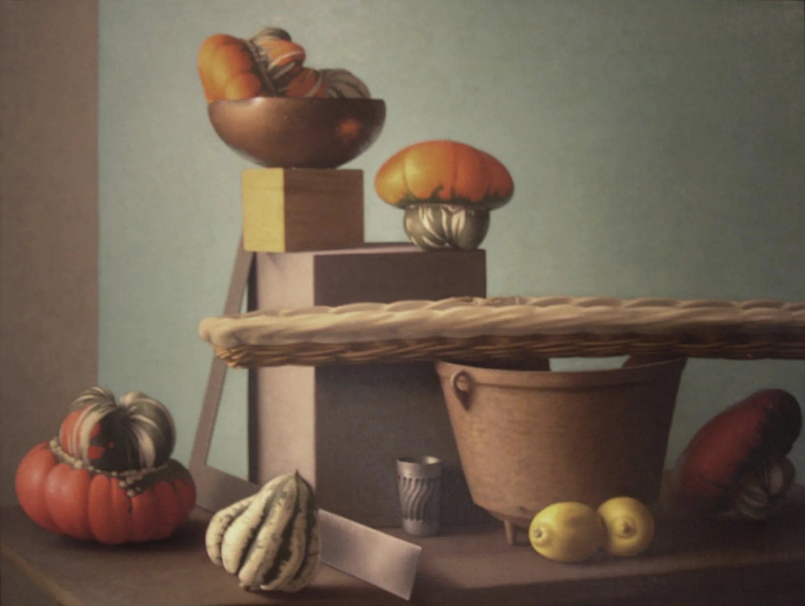  Amy Weiskopf  
 Still Life with Orange Squash and Bread Basket  
Oil on canvas, 1995 26 x 32 inches (framed dimensions: 31.5 x 38" x 2.5 inches)