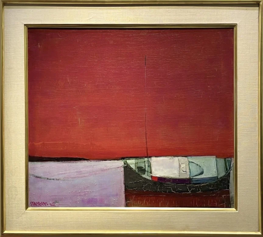  Raimonds Staprans  
 Boat with Red Sky  
Oil on canvas, 1965 22 x 25 inches (framed dimensions: 28 x 31 inches)