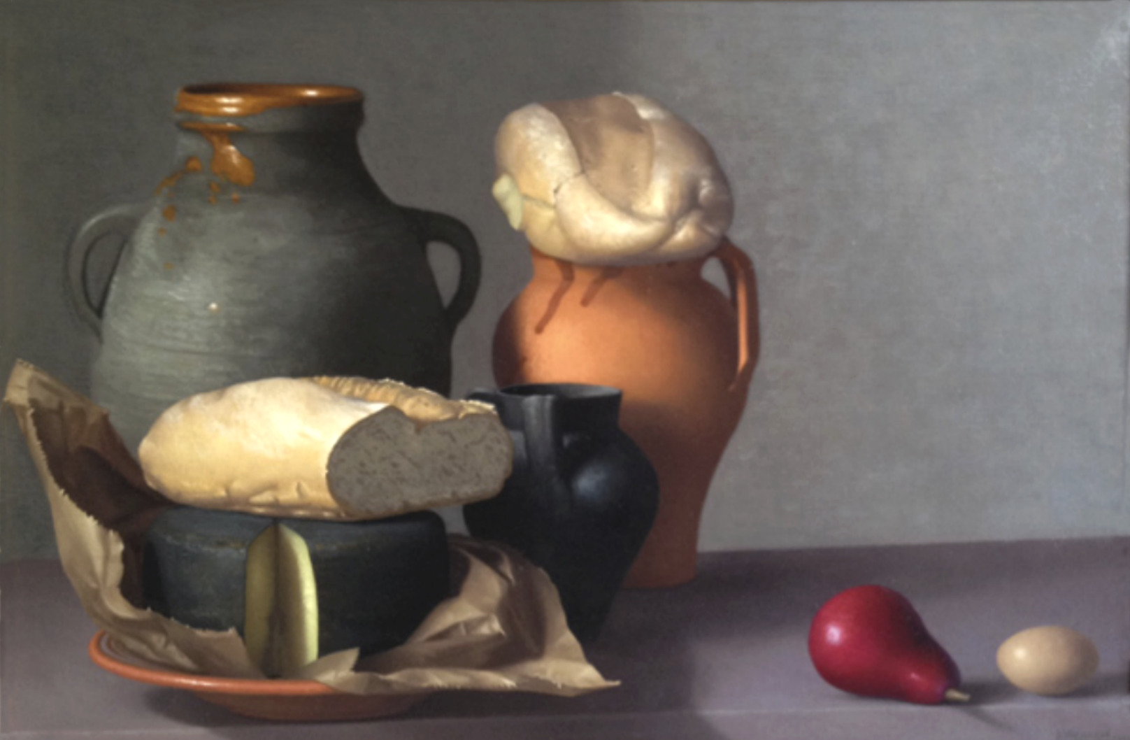  Amy Weiskopf  
 Figs, Fish, Bread, and Bones  
Oil and linen, 2002 15.75 x 23.5 inches (framed dimensions: 21 x 38.5 inches)