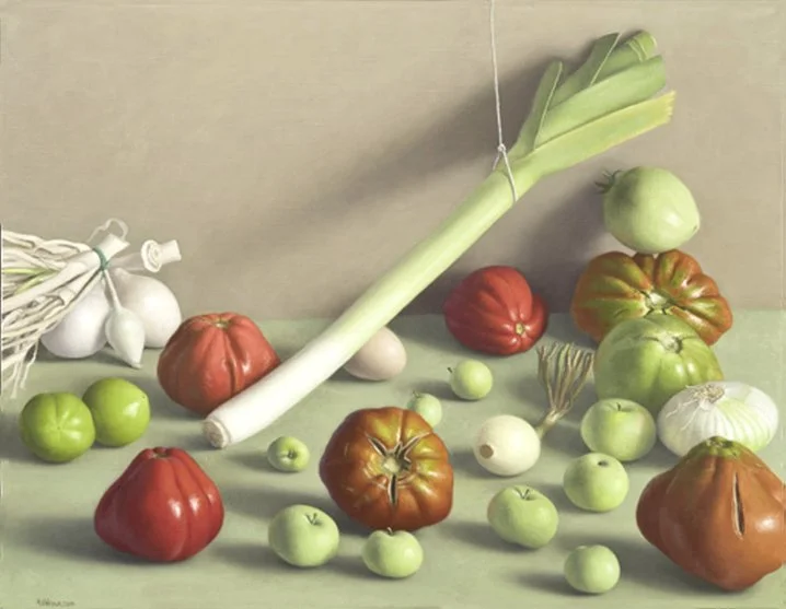 Amy Weiskopf  
 Still Life with Tomatoes, Green Apples and Leek  
Oil and canvas, 2010 13.75 x 17.75 inches (framed dimensions: 16.25 x 20.25 inches)