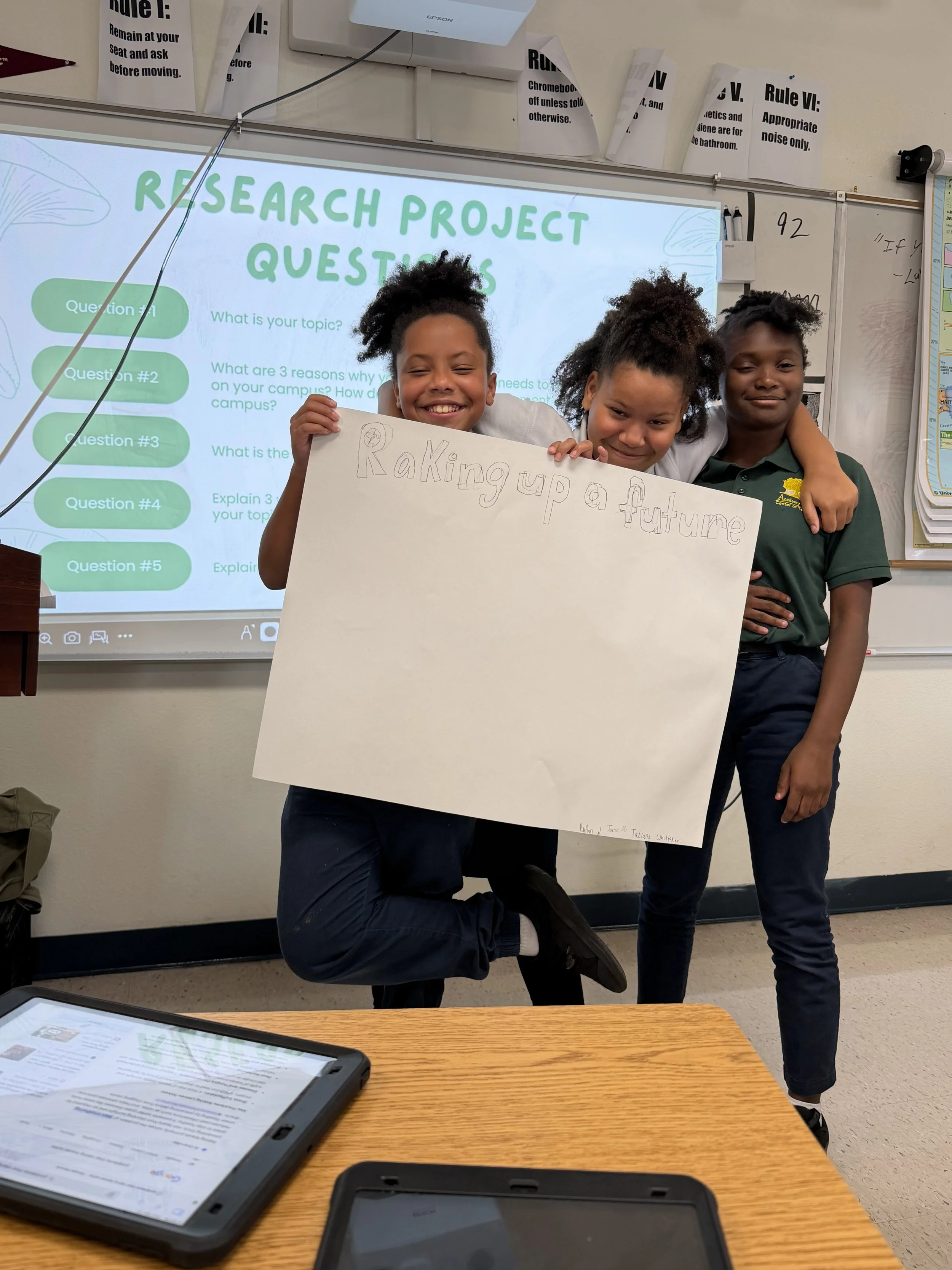  Torrie, Kaitlyn, and Tatianna come up with their project title “Raking Up a Future,” and begin researching leaf composting and its benefits. 